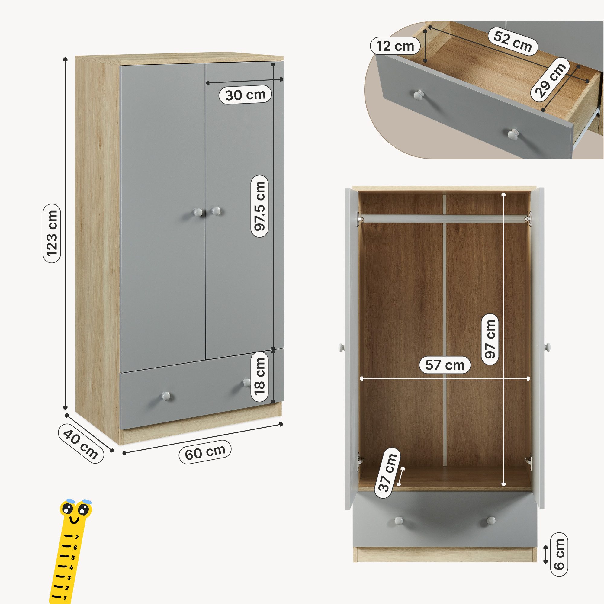 en.casa Kinderkleiderschrank »Beldinupp« mit 2 Türen 123 x 60 x 40 cm Schublade Eicheoptik/Grau
