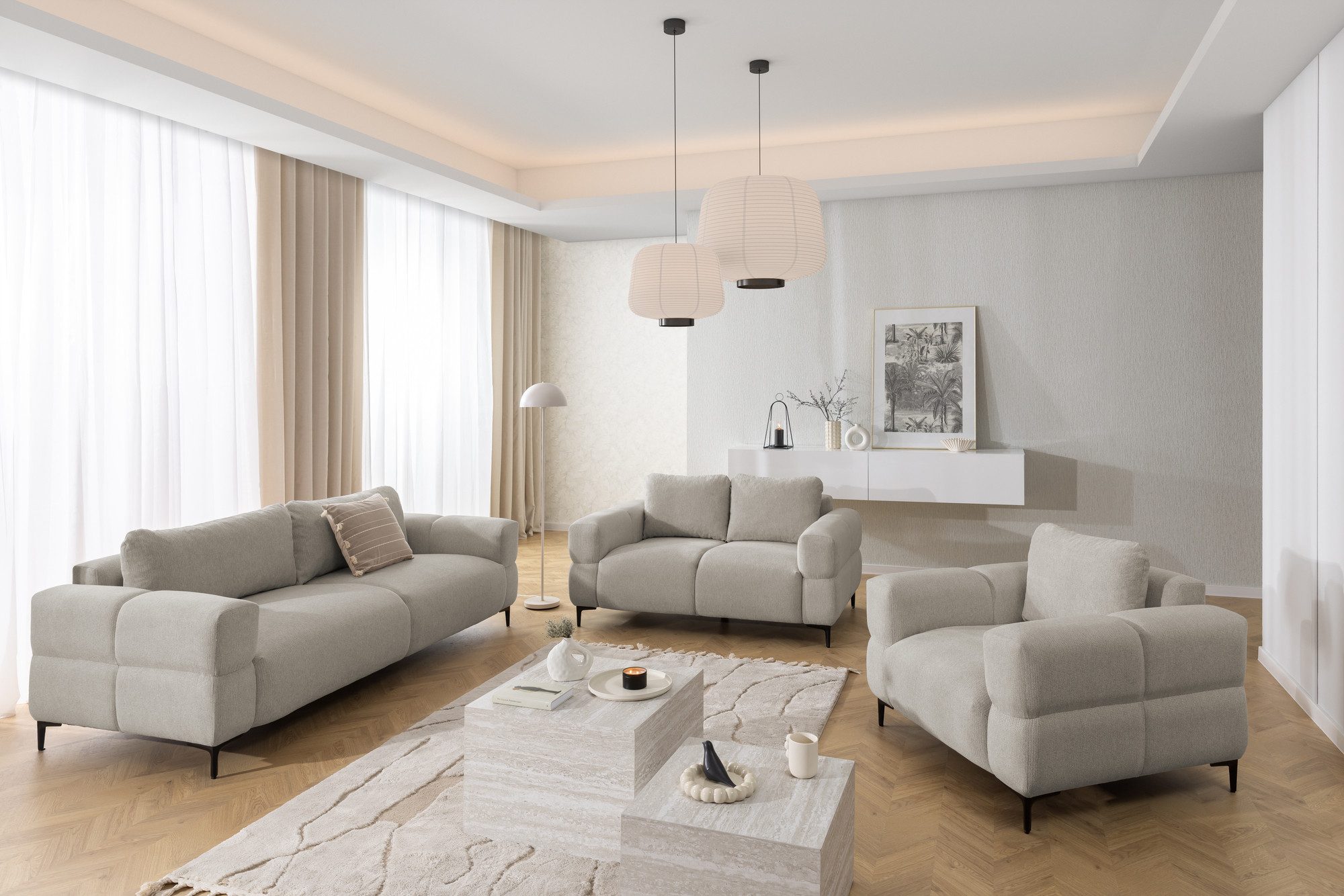 S-Style Möbel Polstergarnitur 3+2+1 Cardea in Bubble-Optik aus weichem Strukturstoff, mit Wellenfederung und hohem Sitzkomfort