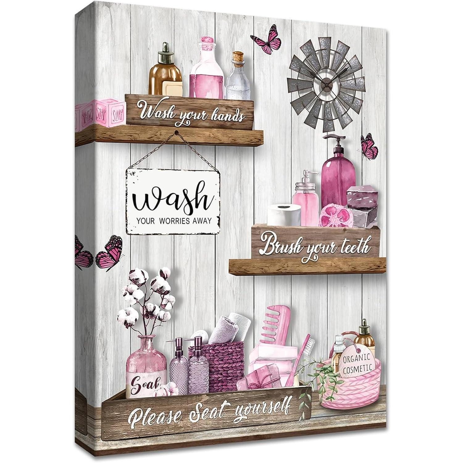 LuxusKollektion Leinwandbild Leinwandbild 30L x 40B cm Rosa Badezimmer Hände waschen, (1 St)