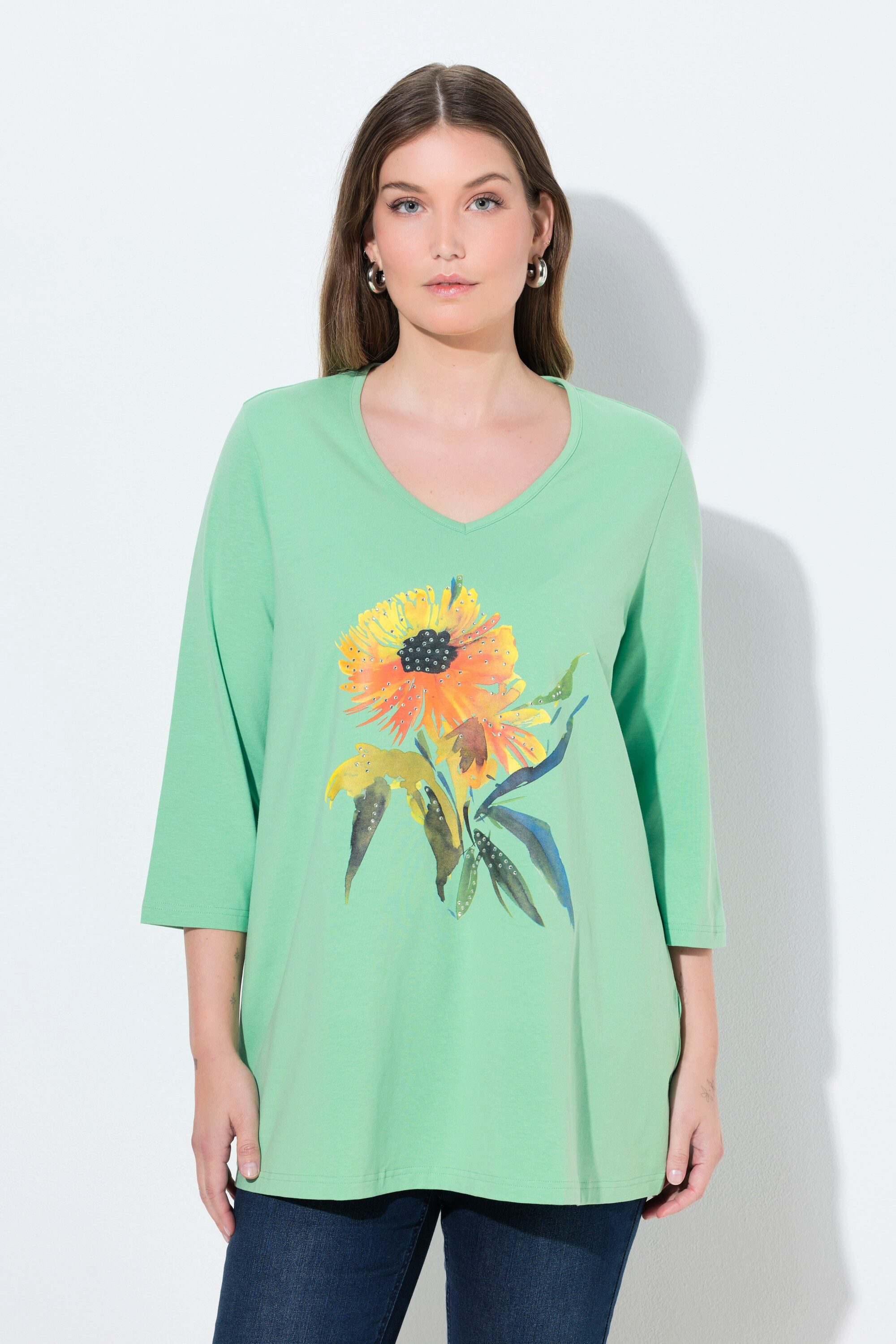 T-Shirt Shirt Sonnenblume A-Linie V-Ausschnitt 3/4-Arm