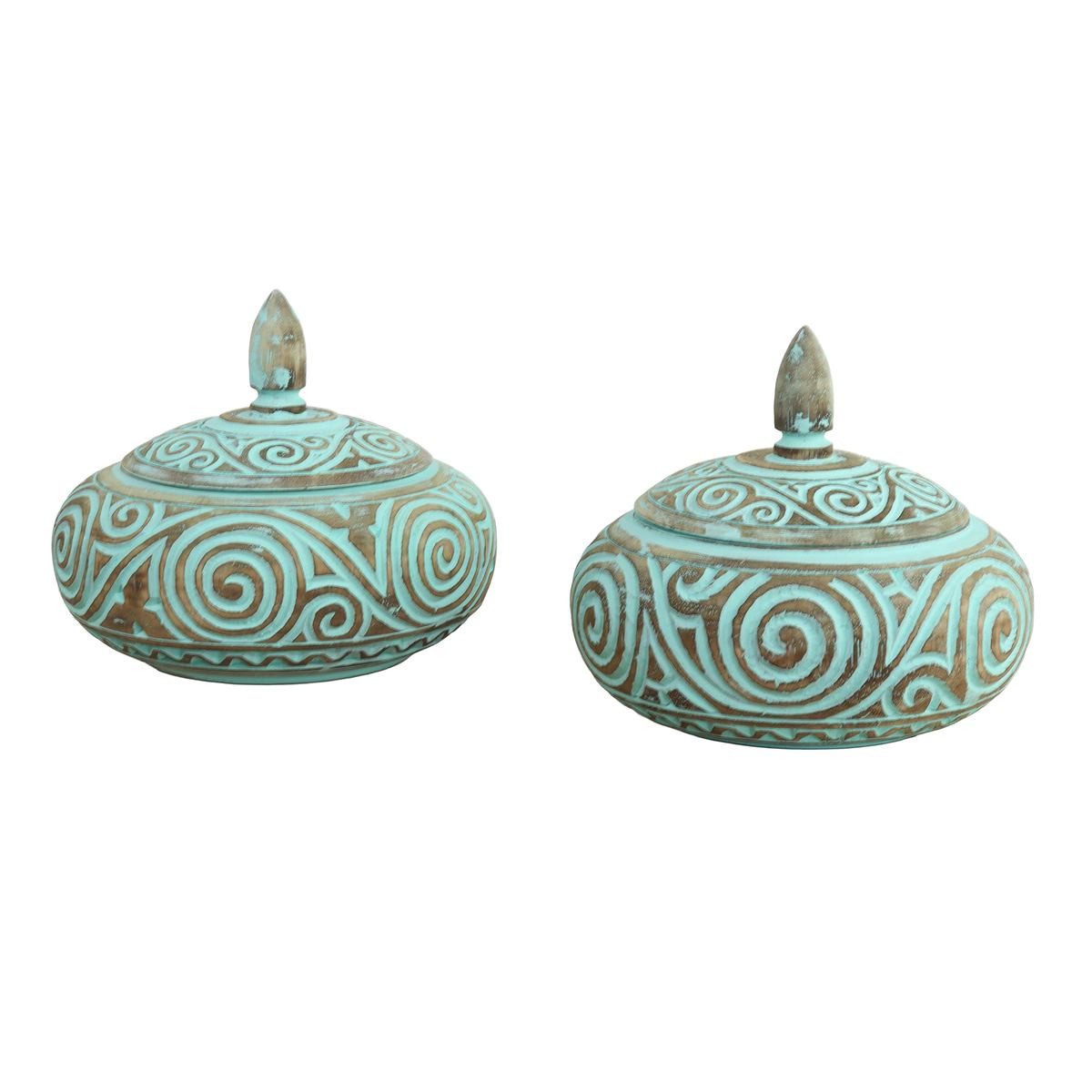 Oriental Galerie Aufbewahrungsbox 2 er Set Schale mit Deckel Schnitzerei Grün