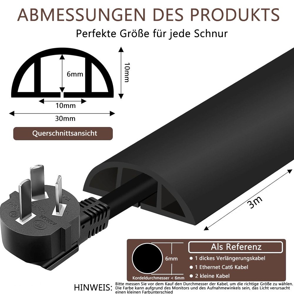 TUWENA Kabelkanal 3m Kabelkanal selbstklebend, Flexiblen Kabelschutz, Boden Kabelbrücke