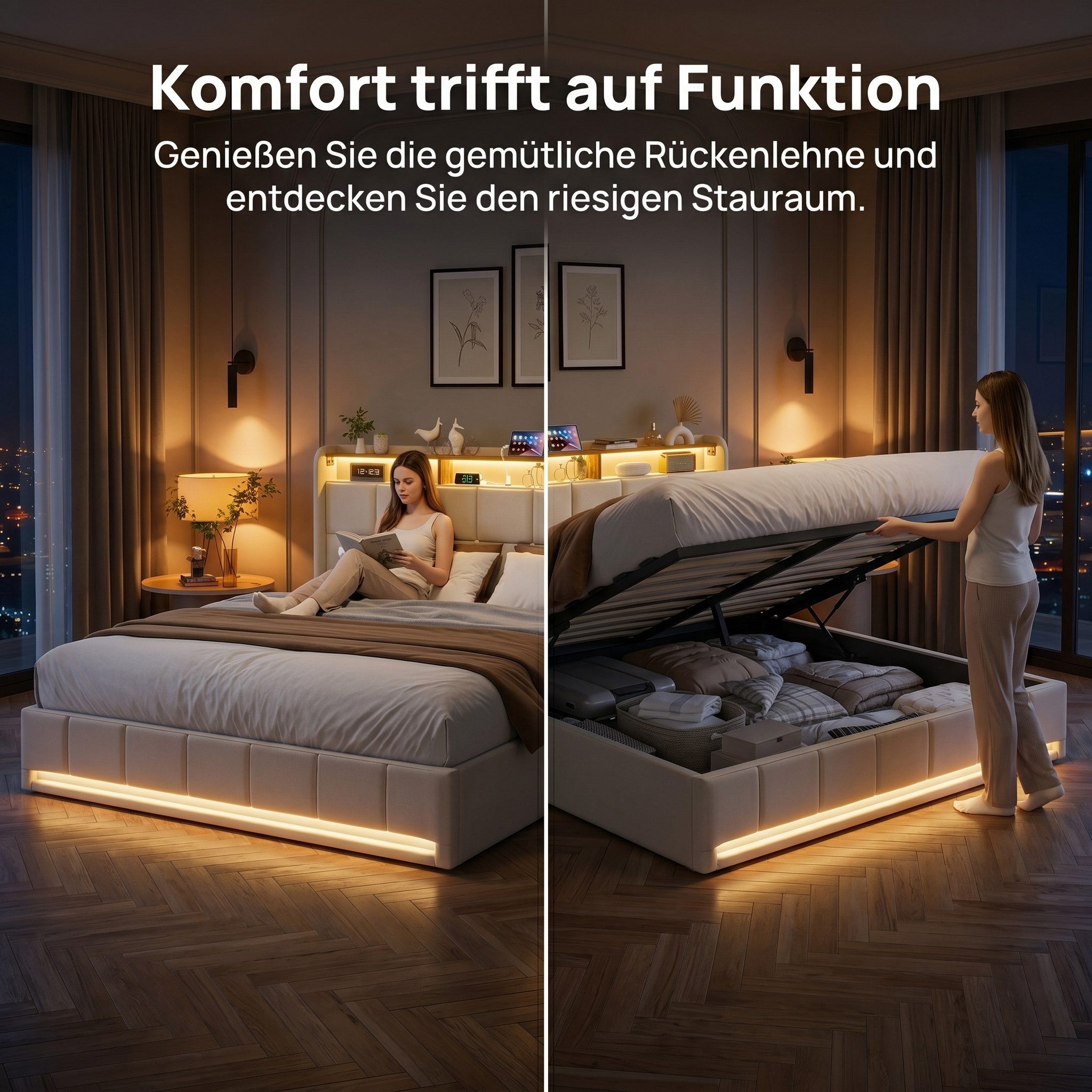 PXloue Polsterbett LED-Bett mit Stauraum und Ladeanschluss (Geeignet für Jugendliche und Erwachsene), Hydraulisches Stauraumbett, Bettkasten, Leinen