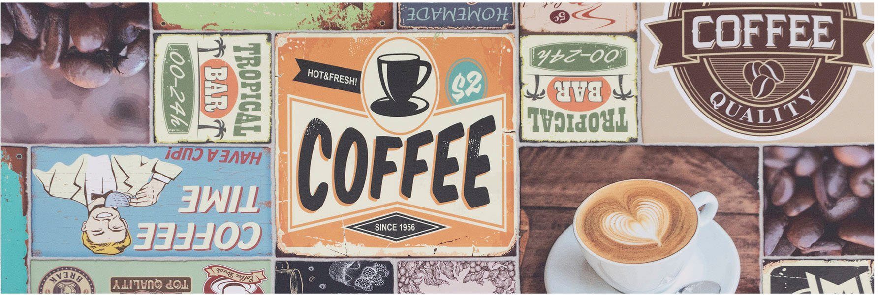 Primaflor-Ideen in Textil Vinyl-Läufer Küchenläufer COFFEE TIME, Made in Belgium, rechteckig, Höhe: 2,5 mm, aus Vinyl, abwischbar, Patchwork Design, Motiv Kaffee, Küche