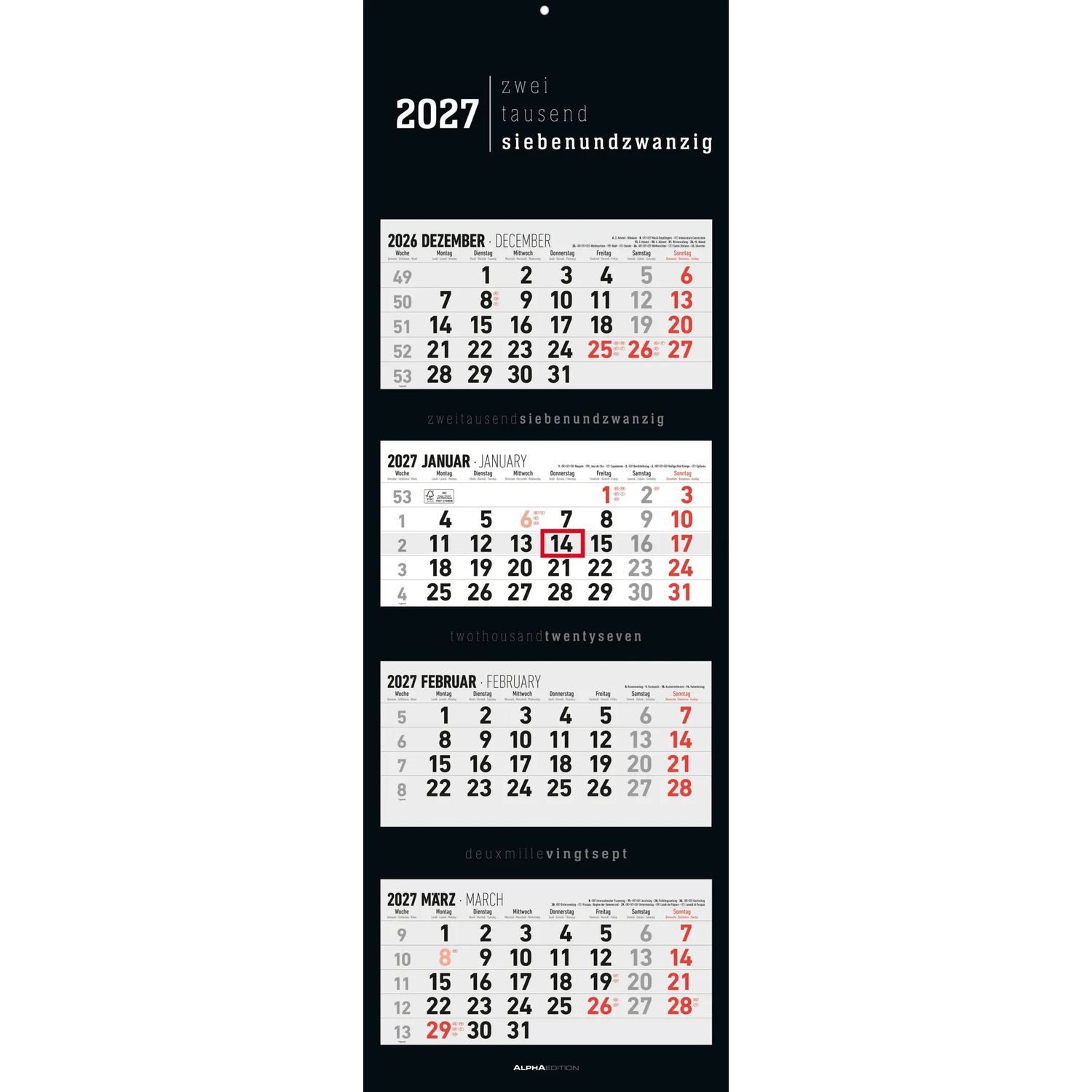 NEUMANN Wandkalender 4-Monatskalender Black 2027