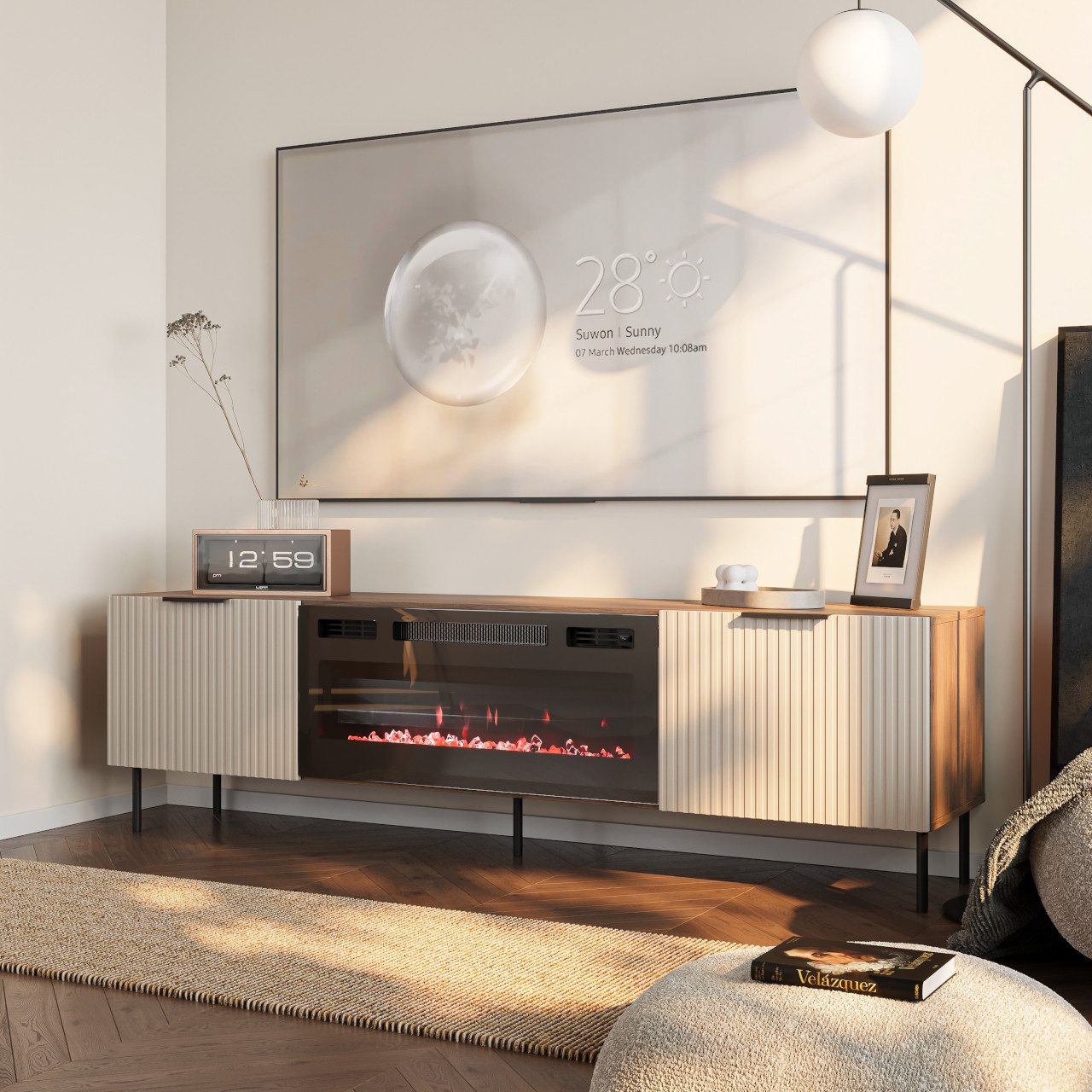 MOEBLINE Lowboard TV Lowboard mit Kamin ATTI 06 EF warmia walnuss / kaschmi günstig online kaufen