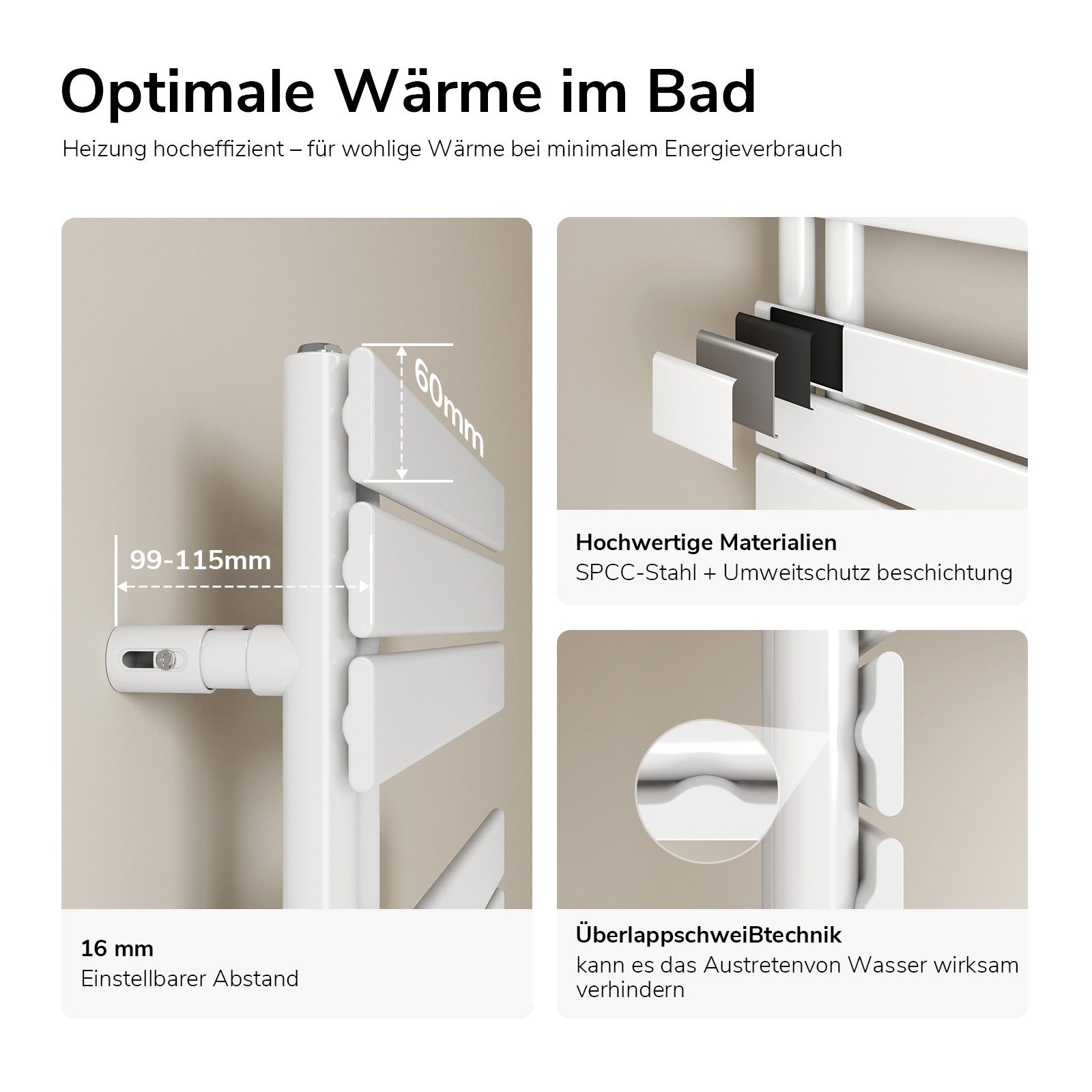 EMKE Elektrischer Badheizkörper WLAN- und App-Steuerung mit intelligentem Thermostat Elektroheizung, Weiß 4 Heizmodi, IPX4, Kindersicherung 400W~1000W – Bild 3 von 5