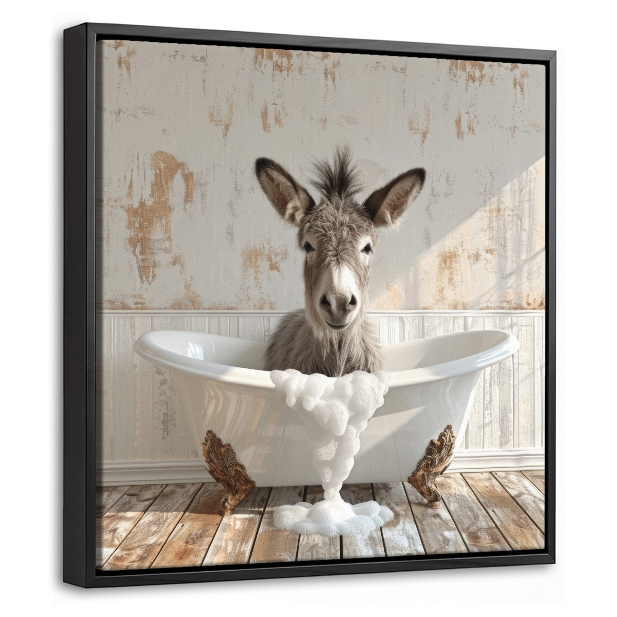 OneMillionCanvasses® Leinwandbild mit Rahmen - Esel - Tiere - Badewanne - Schaumstoff, Fotodruck (1 St), Leinwand Bilder Klein, Wand Dekoration Aesthetic 20x20cm