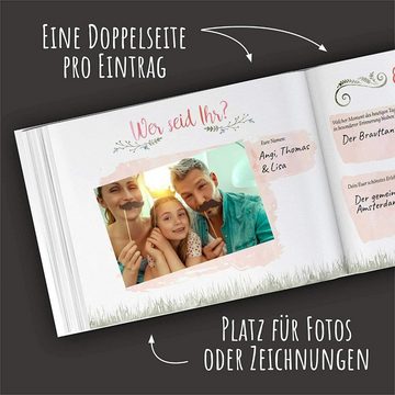 bigdaygraphix Notizbuch Hochzeits-Gästebuch Boho Flowers mit Fragen, Vorgefertigte Fragen für besondere Einträge.