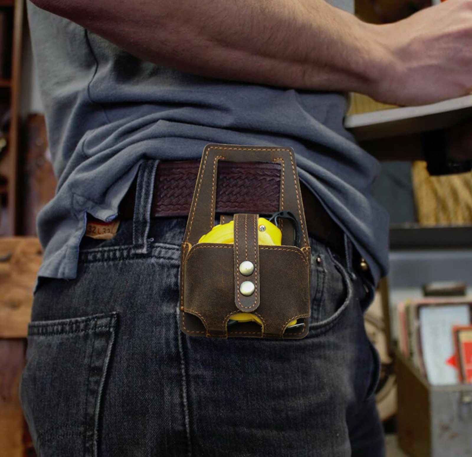YUBRO-STUDIO Werkzeugtasche Leder Rollbandmaß Halterung 5m Gürteltasche Werkzeug für Bau
