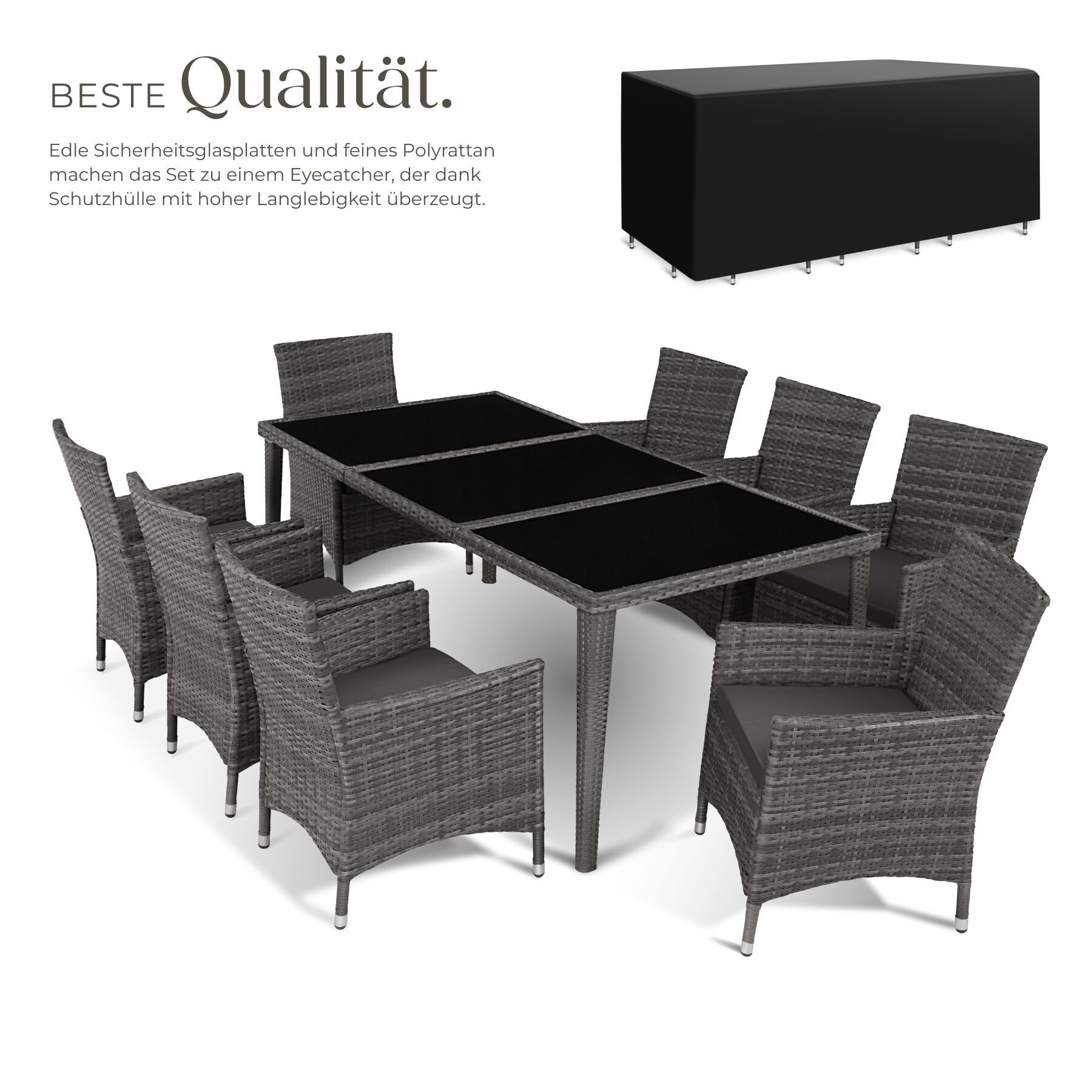 tectake Sitzgruppe Aluminium Rattan Gartenlounge mit Bezügen, inklusive Schutzhülle, (Loungeset Menorca, 9-tlg., für Außen in Grau), wetterfest und UV-beständig, mit Sicherheitsglasplatten, pflegeleicht