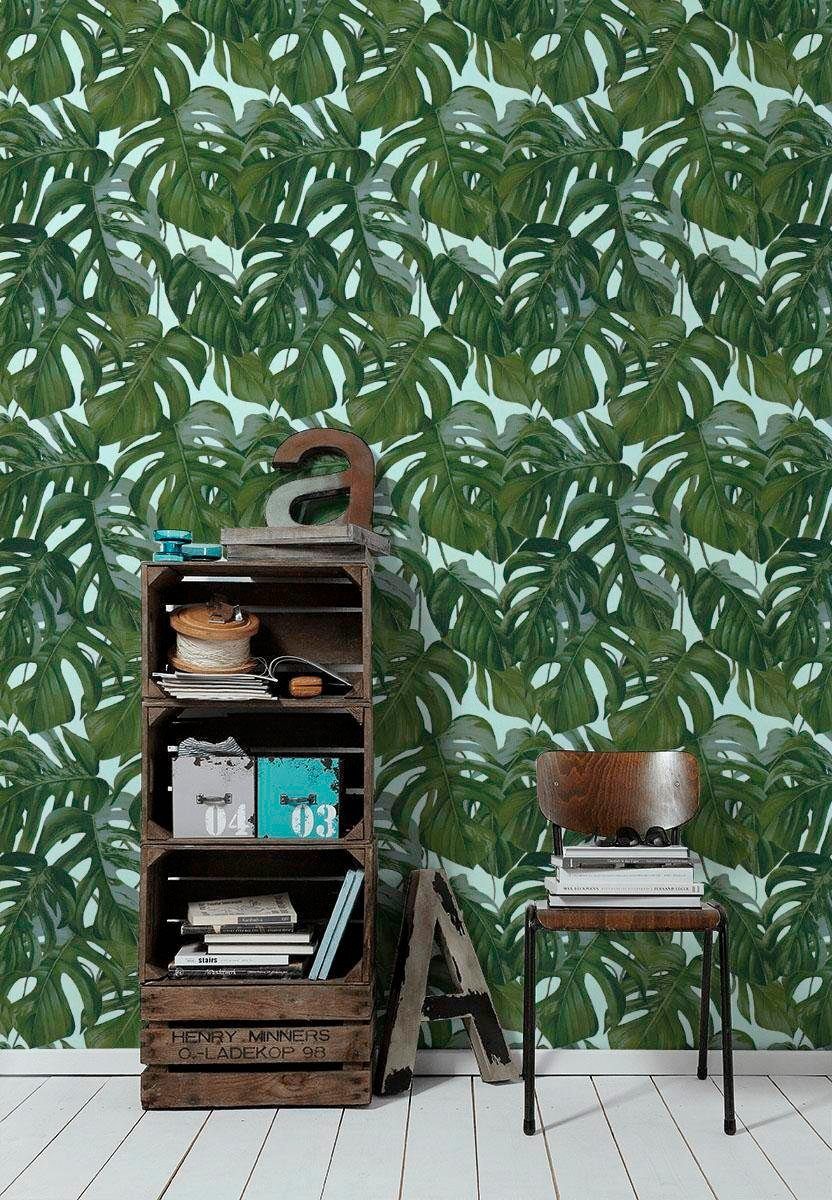 MICHALSKY dunkelgrün/hellblau Création Again, Vliestapete tropisch, Designer A.S. BY botanisch, Modern Dream LIVING METROPOLIS Tapete