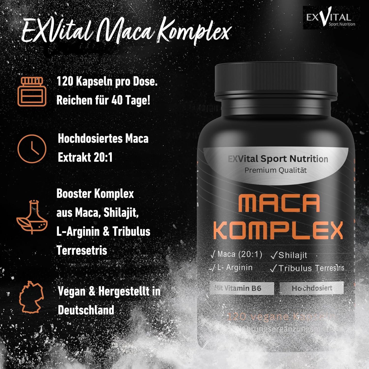 Maca mit Tribulus, Shilajit, L-Arginin, Vitamin B6 Kapseln, 92 g