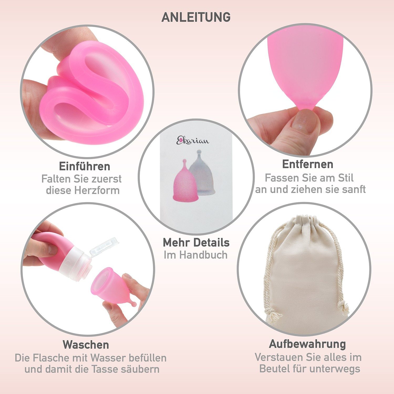 Ekarian Menstruationstasse Menstruationstassen Set (S & L) mit Aufbewahrungsbeutel & Waschflasche, 2-St.