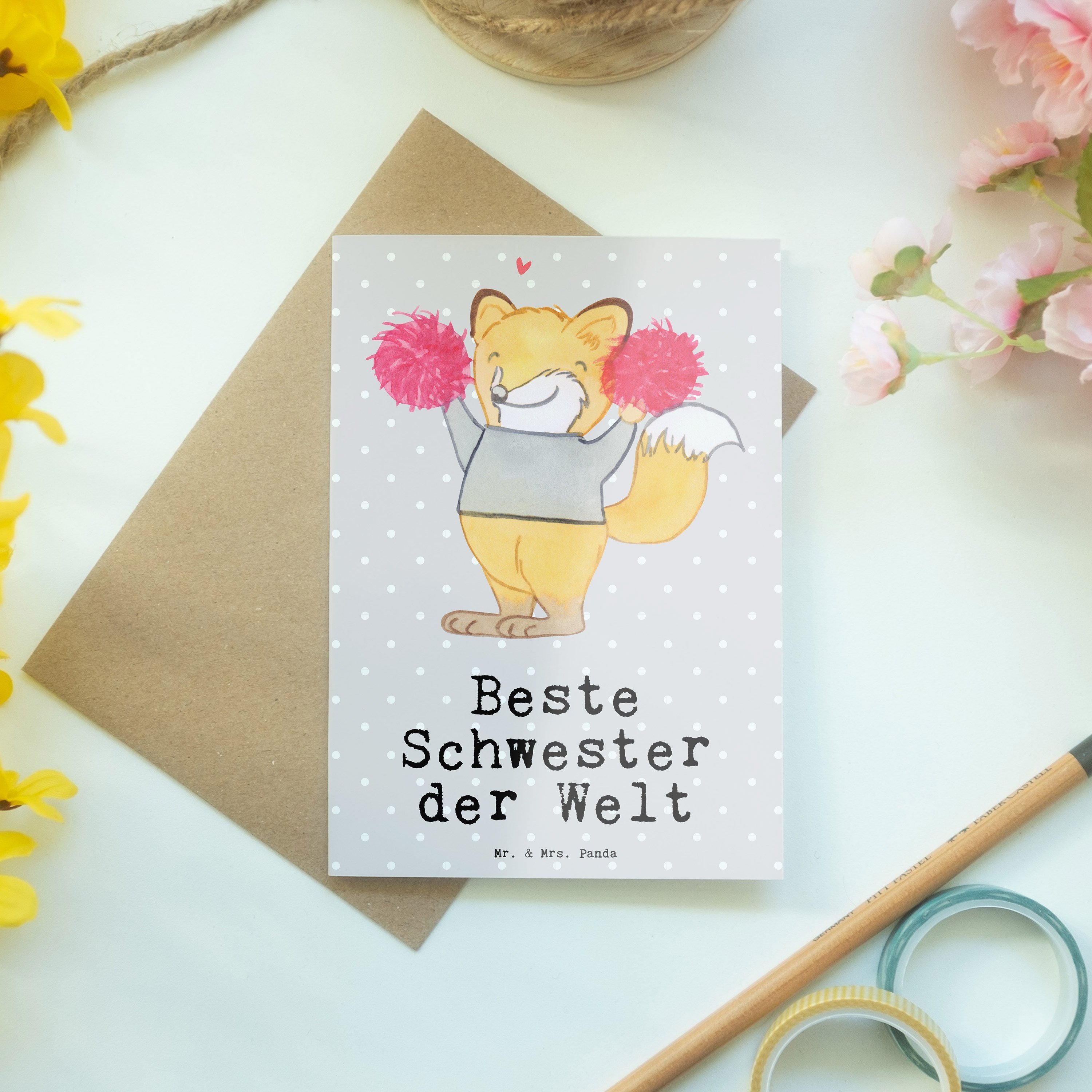 Beste Geschenk, Panda Mrs. - Grußkarte Grau der - Mr. Fuchs Welt Schwester & Hochzeitska Pastell
