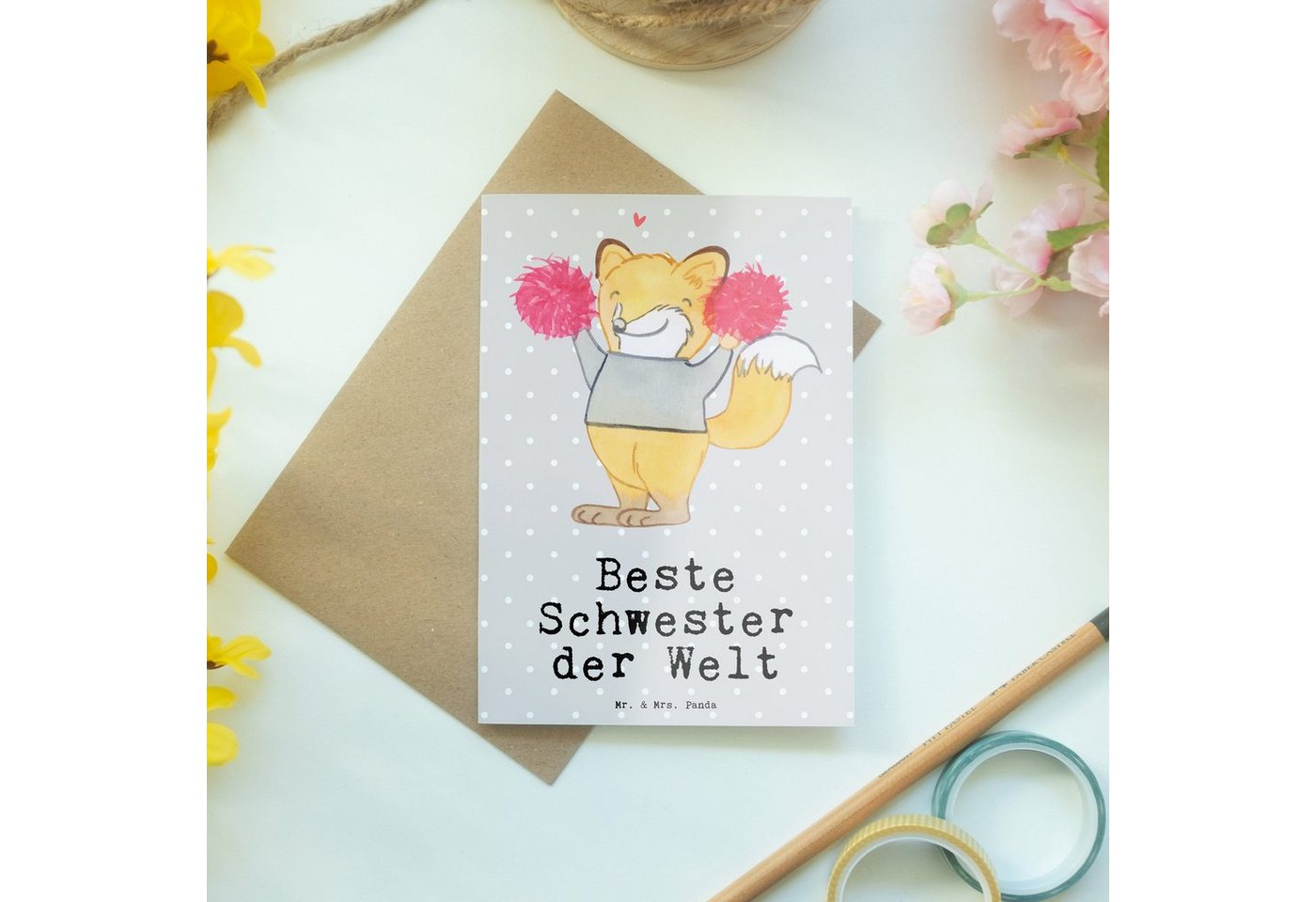 Thumbnail - Mr. & Mrs. Panda Grußkarte Fuchs Beste Schwester der Welt - Grau Pastell - Geschenk, Grußkarte, Edler Umschlag