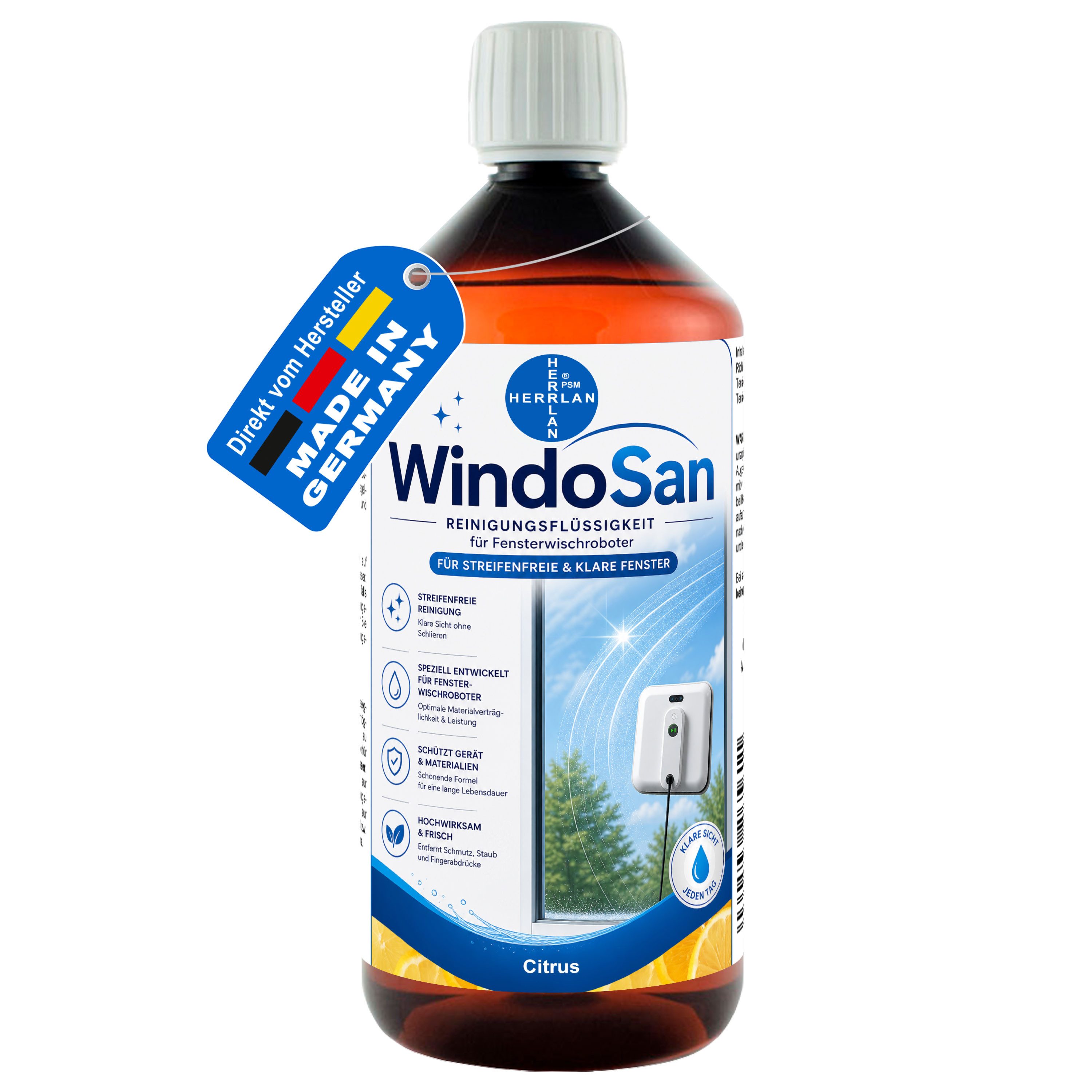 HERRLAN Fensterreiniger WindoSan Reinigungsmittel für Fensterroboter, (1000 ml Citrus) für alle gängigen Fensterputzroboter, Fensterwischroboter.