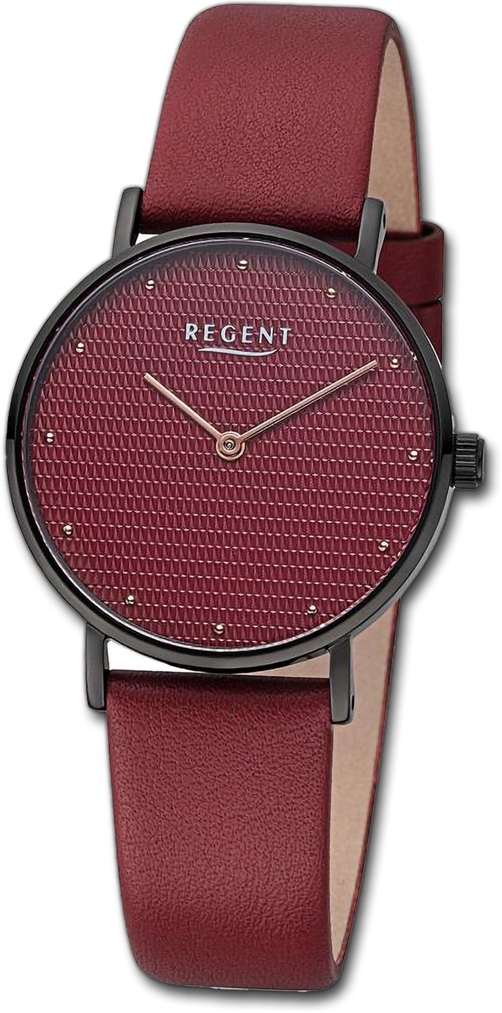 Regent Quarzuhr Regent Damen Armbanduhr Analog, Damenuhr Lederarmband bordeaux rot, rundes Gehäuse, groß (ca. 32mm)