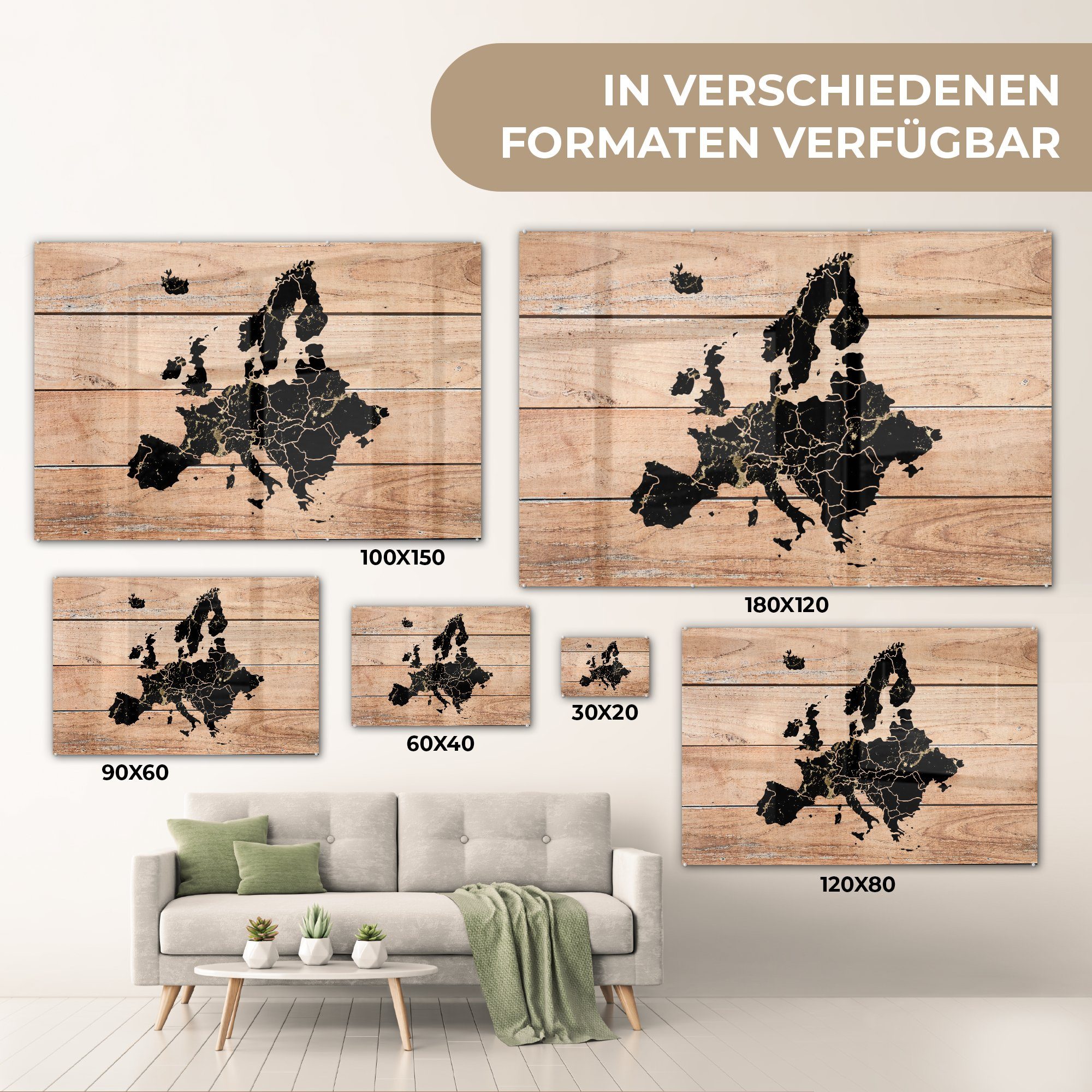& Acrylglasbilder Schlafzimmer St), (1 MuchoWow - - Acrylglasbild Holz, Karte Wohnzimmer Europa