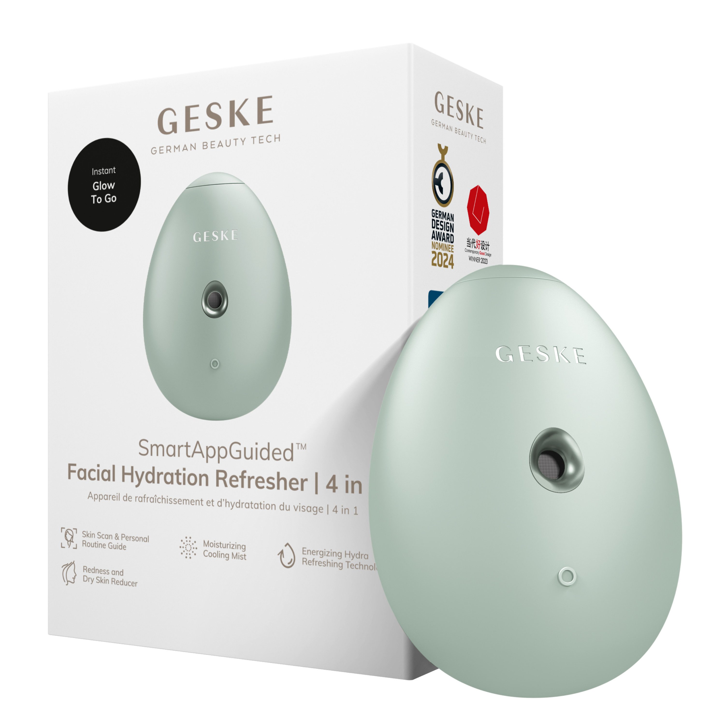 GESKE German Beauty Tech Enhancer SmartAppGuided™ Facial Hydration Refresher 4 in 1, Packung (Gerät & USB-Ladekabel), 2-tlg., Gerät inkl. kostenloser APP (SmartAppGuided Device), Mit der GESKE App erhältst Du deine personalisierte Hautpflegeroutine.