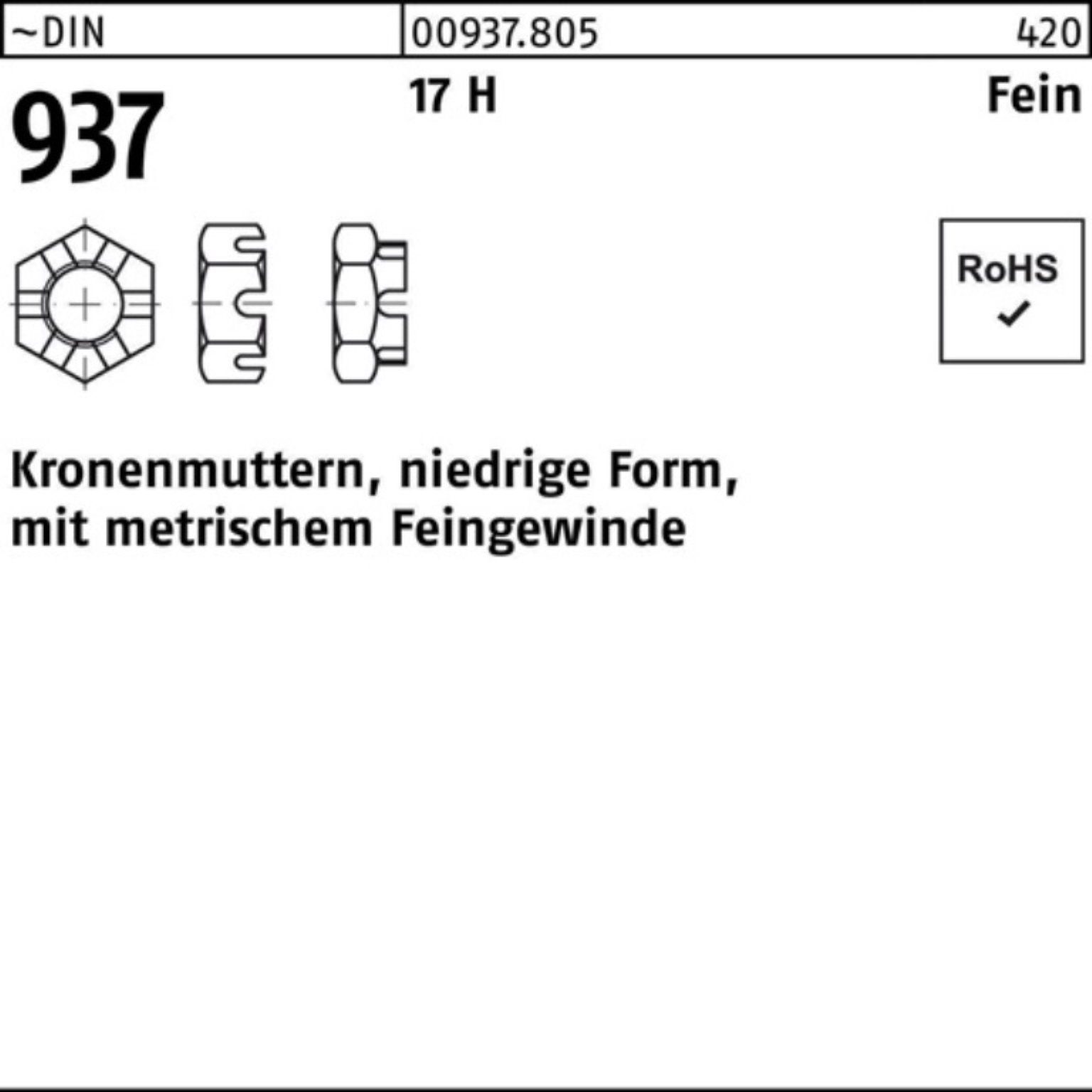 H Feingew. 17 FormM48x 1,5 niedrige 1 Pack DIN Reyher Kronenmutter 100er Kronenmutter 937