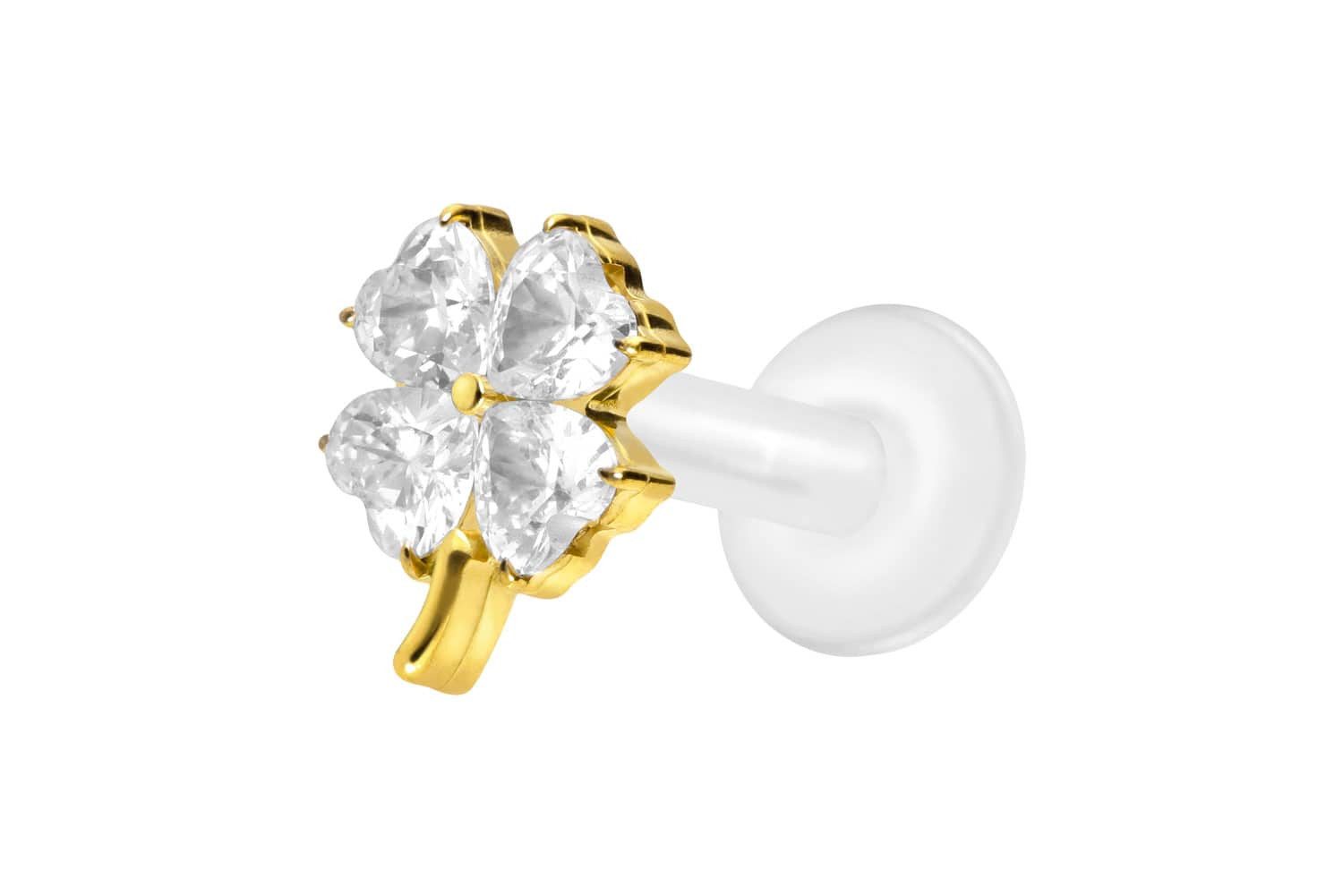 Piercing-Set PTFE Labret mit Innengewinde + Titan-Aufsatz KRISTALLKLEEBLATT
