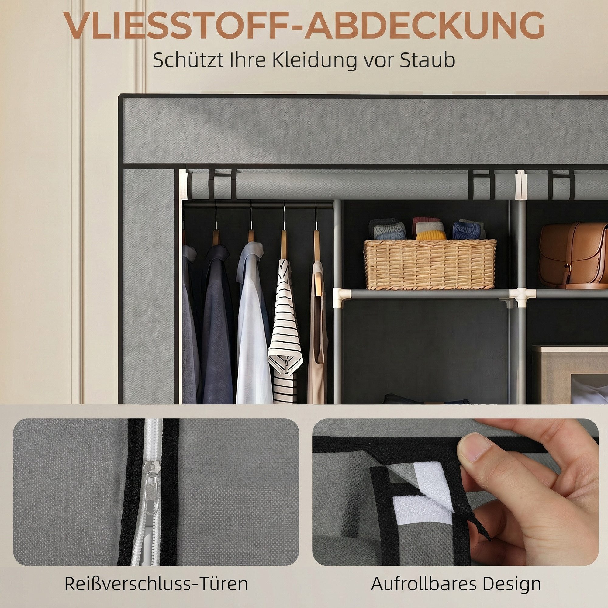 HOMCOM Stoffschrank Kleiderschrank (Kleiderstangen, 1-St., Stoffschrank) Dunkelgrau, 166 x 42,5 x 167 cm – Bild 5 von 5