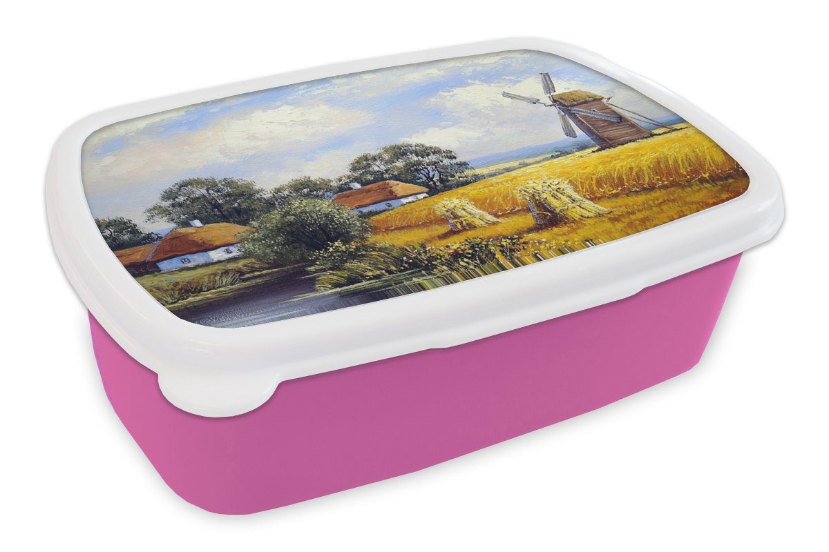 Lunchbox - - Brotbox - Snackbox, für (2-tlg), Bauernhof Kunststoff, MuchoWow Mühle Gemälde Mädchen, Ölfarbe, Brotdose Kunststoff Kinder, rosa Erwachsene,