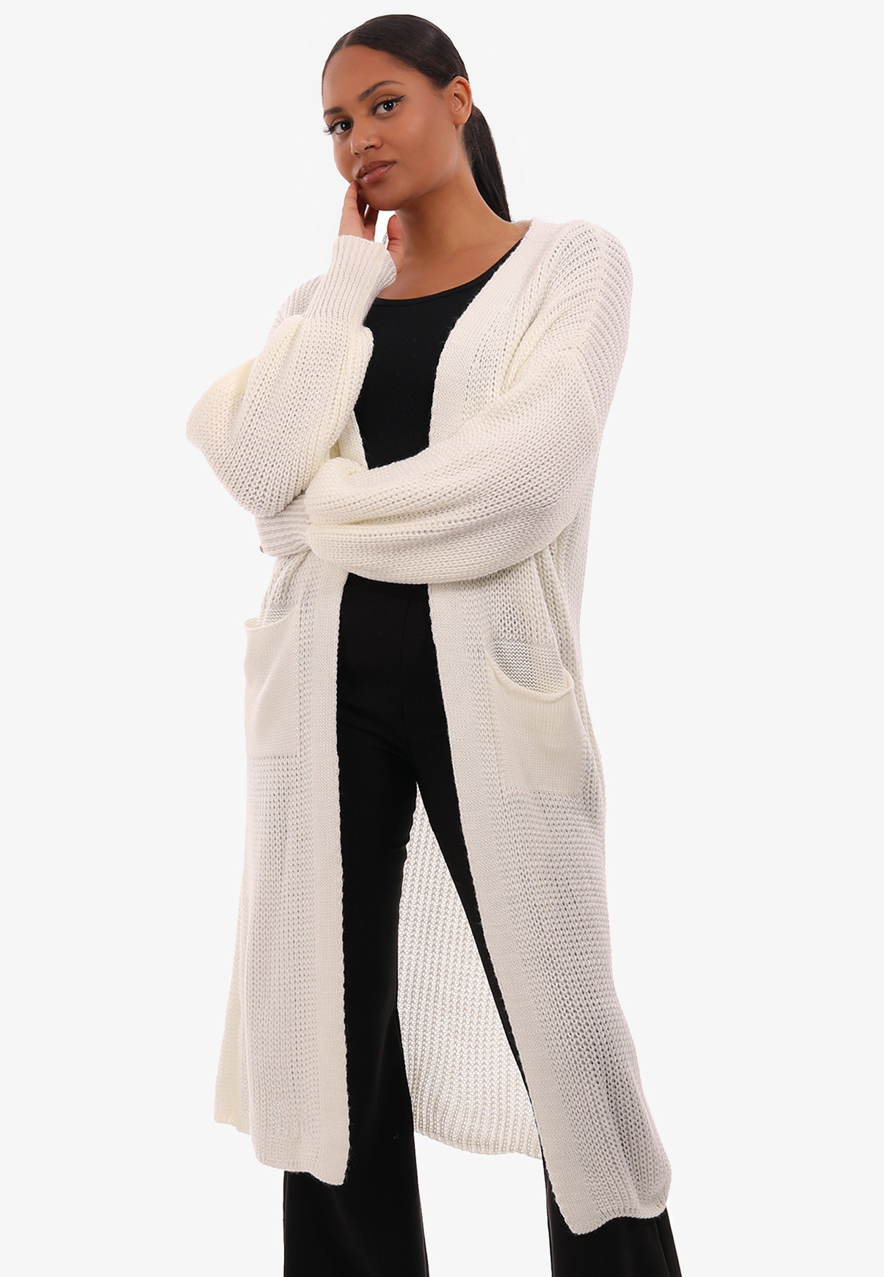 YC Fashion & Style Cardigan Basic Strickjacke Cardigan Verschlusslos in Unifarbe, mit aufgesetzten Taschen wollweiß