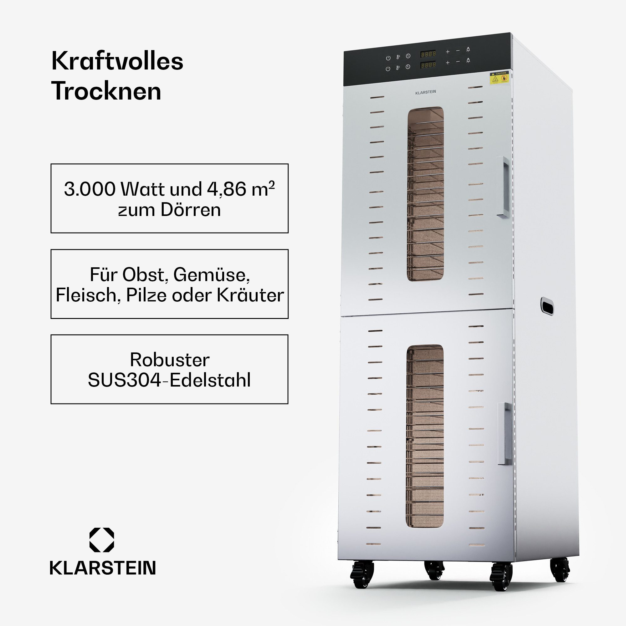 Klarstein Dörrautomat Master Jerky 500 Vertical 3000 W, Dörrautomat groß Pilze Obst Trockner Dörrgerät Dehydrator Edelstahl