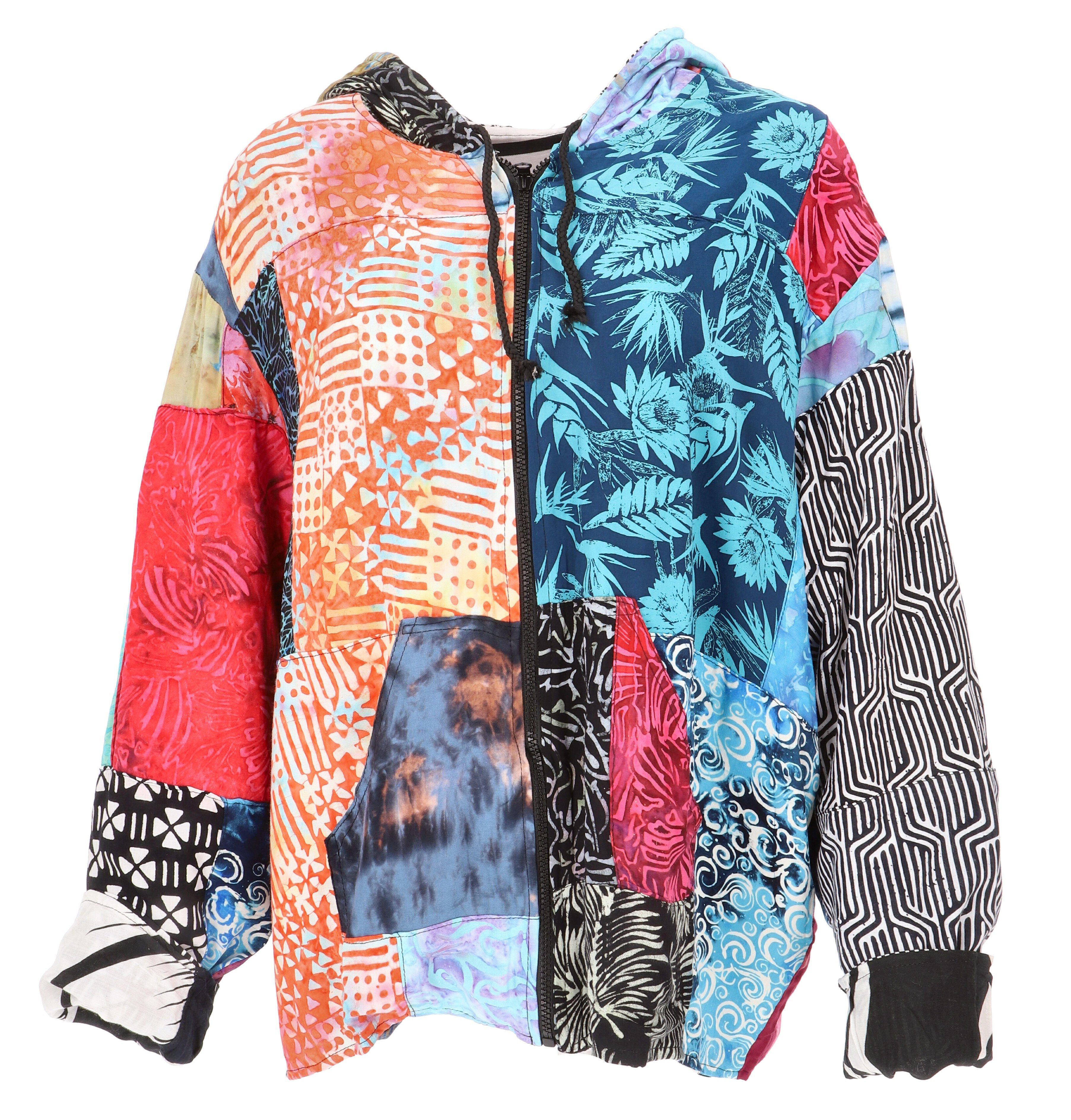 Guru-Shop Langjacke Boho Upcyeling Unisex Patchwork Kapuzenjacke,.. alternative Bekleidung