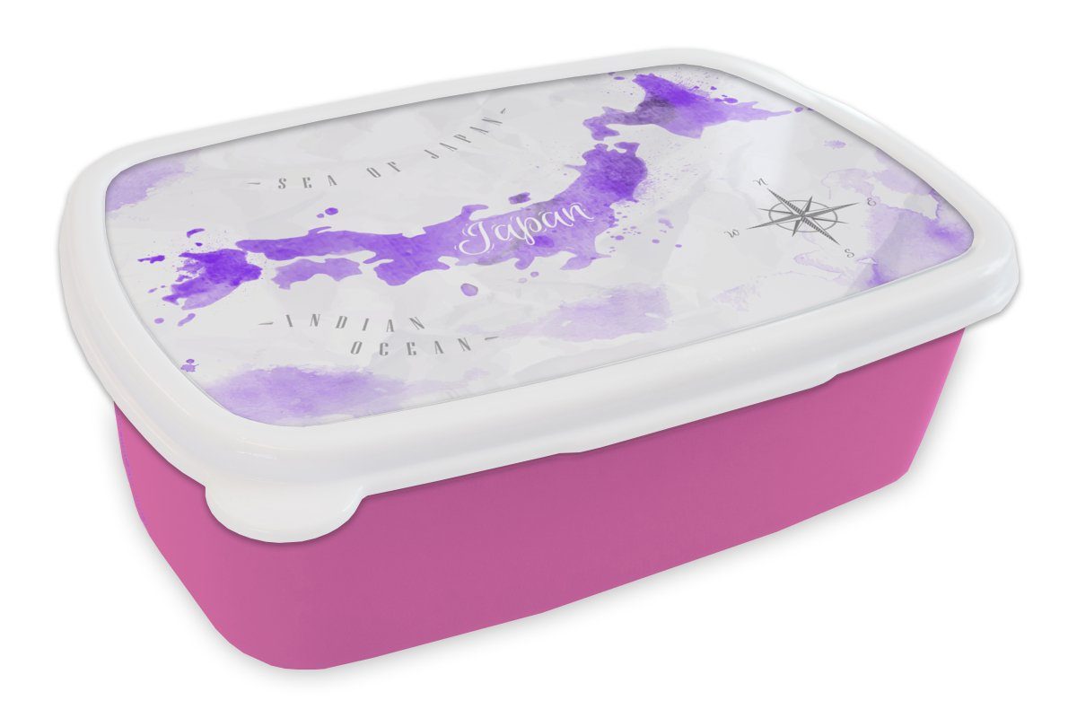 MuchoWow Lunchbox Weltkarten - Japan - Violett, Kunststoff, (2-tlg), Brotbox für Erwachsene, Brotdose Kinder, Snackbox, Mädchen, Kunststoff rosa