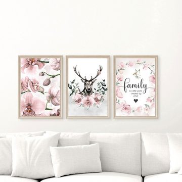 homestyle-accessoires Poster Bilderset FAMILY IS A LITTLE WORLD ORCHIDEEN 3er SET, Ohne Bilderrahmen