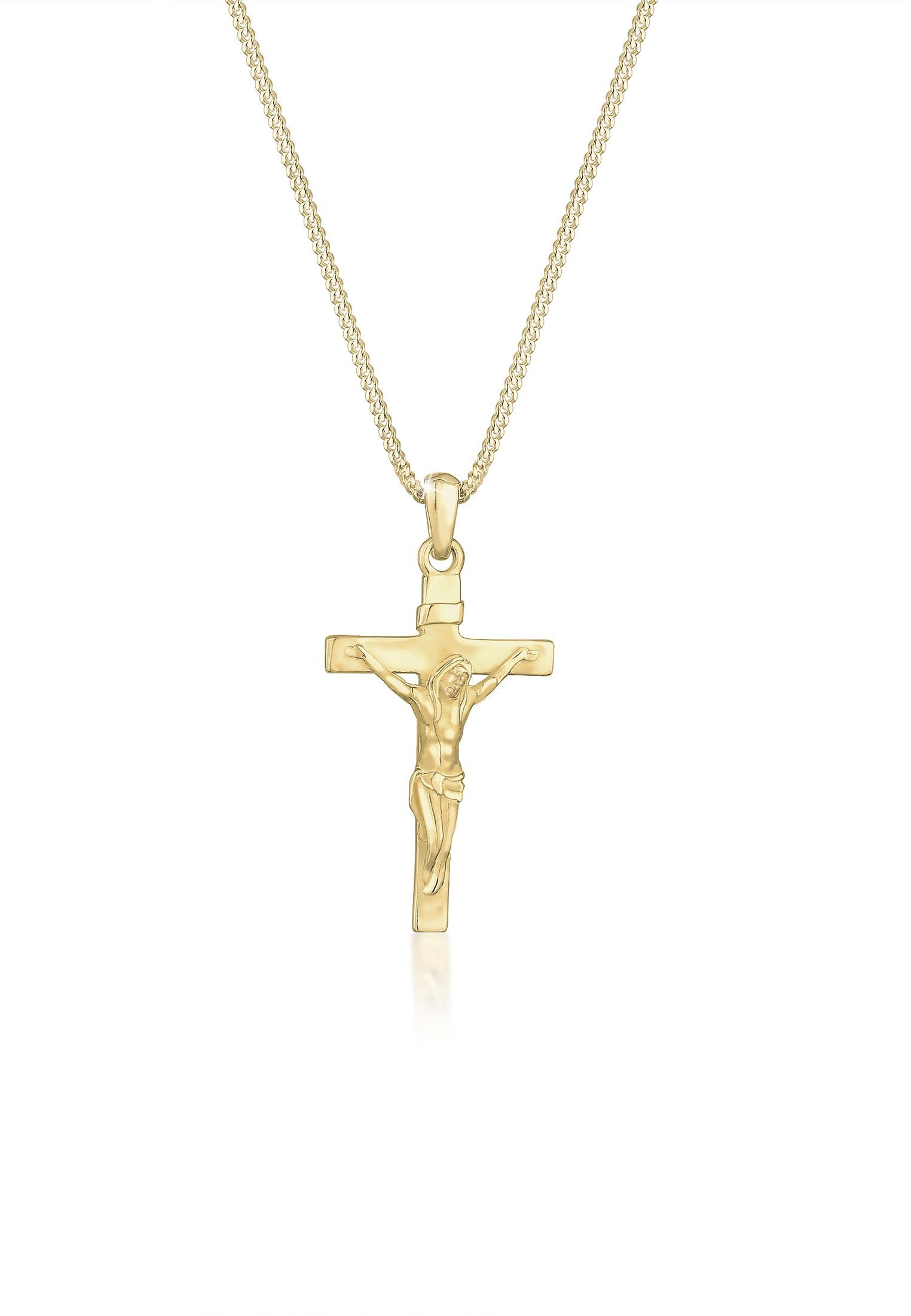 Elli Premium Kette mit Anhänger Kreuz Klassisch Glaube Jesus Kommunion 375  Gelbgold, Das ideale Geschenk für die Frau oder Freundin