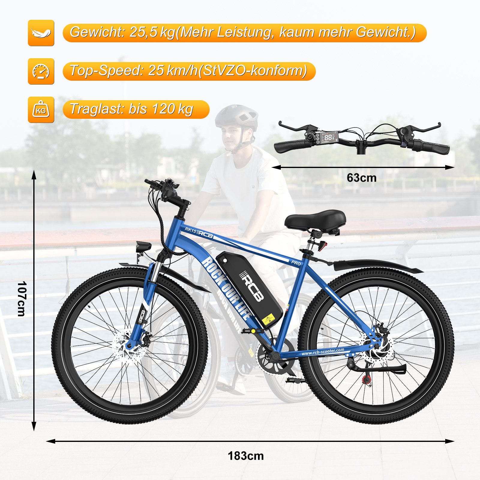 RCB E-Bike Pedelec RK15 PRO 29×2,125 Zoll, Reichweite 50-90KM, APP, 36V/15,6Ah, 7 Gang, Kettenschaltung, 250W Heckmotor, 561,6 Wh