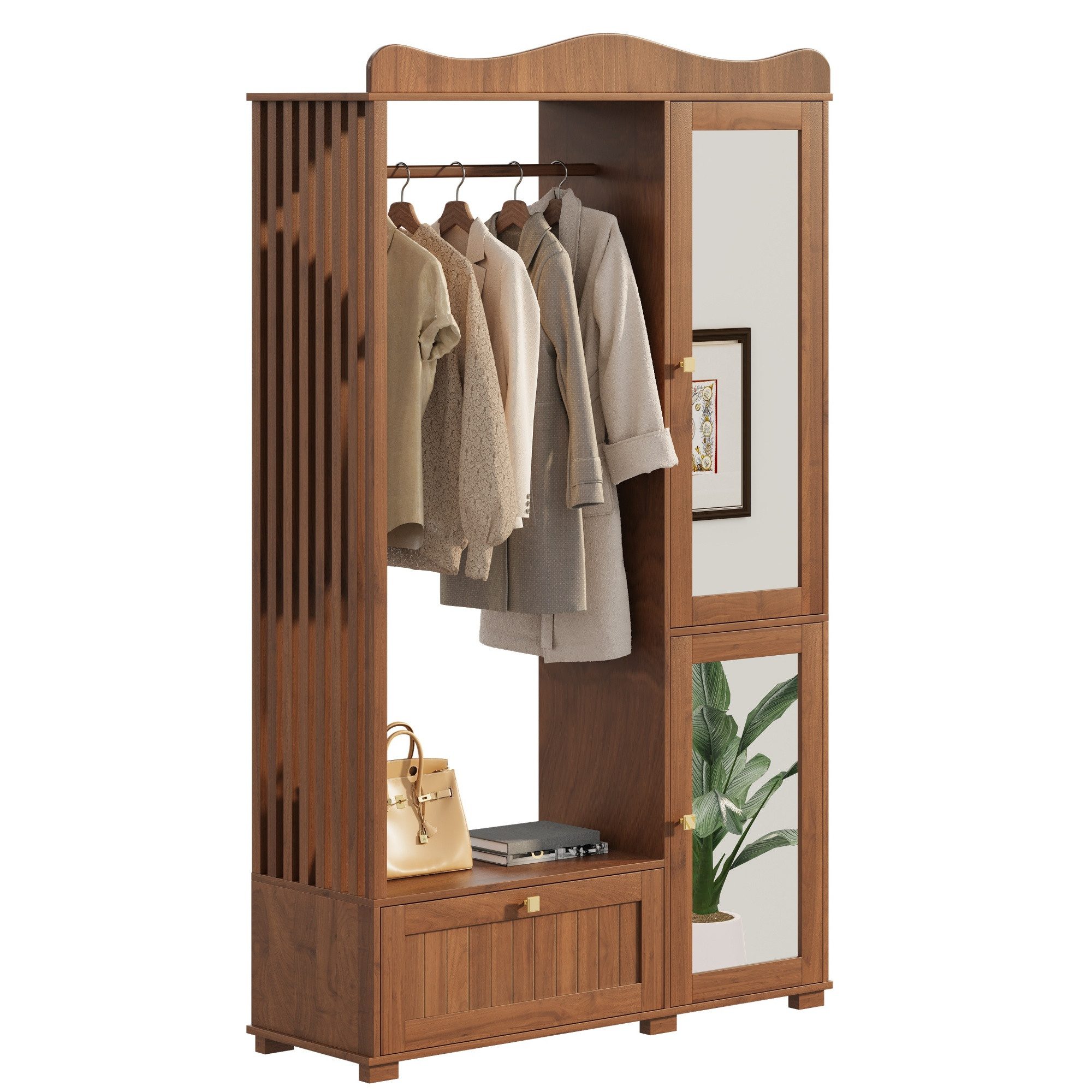 Refined Living Garderoben-Set Garderobenschrank mit Spiegel, Kleiderstange, Schubladen, modern, (Walnut, 115,5x38,5x194,5 cm, MDF, Garderobenschrank mit offenem Kleiderständer, Ganzkörperspiegel, 2 Türen, Schubladen, 1-St., 3-Zonen Stauraum, modern, platzsparend), für Schlafzimmer & Flur, stabile Konstruktion, funktionales Design