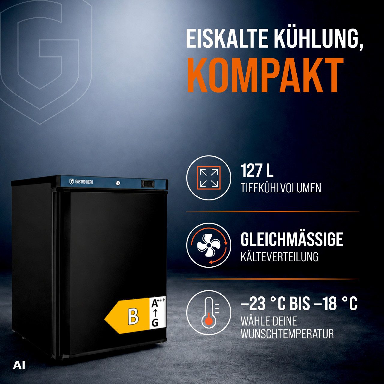 GastroHero Gefrierschrank Lagertiefkühlschrank ECO 200 Schwarz 127 Liter Umluftkühlung LTSE200B, 83.5 cm hoch, 60 cm breit, platzsparende Tiefkühllösung für Bar – Bild 2 von 5