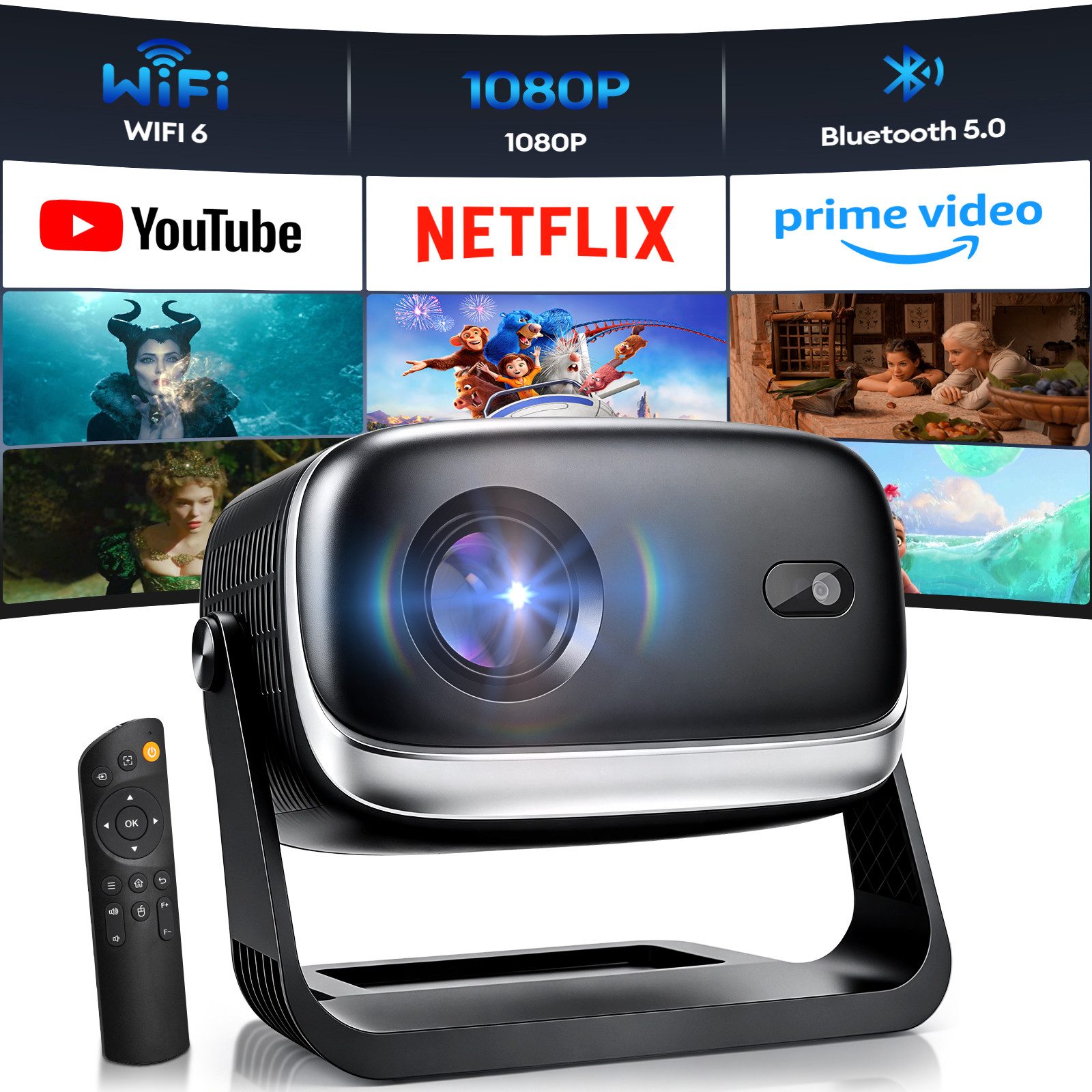 CkeyiN Pro 4K Beamer, Projector mit Netflix, Youtube, WIFI 6 Bluetooth 5.0 LCD-Beamer (12000 lm, 1.2:1, 1280*720 px,Bluetooth 5.0,Automatische Trapezkorrektur&Hindernisvermeidung)