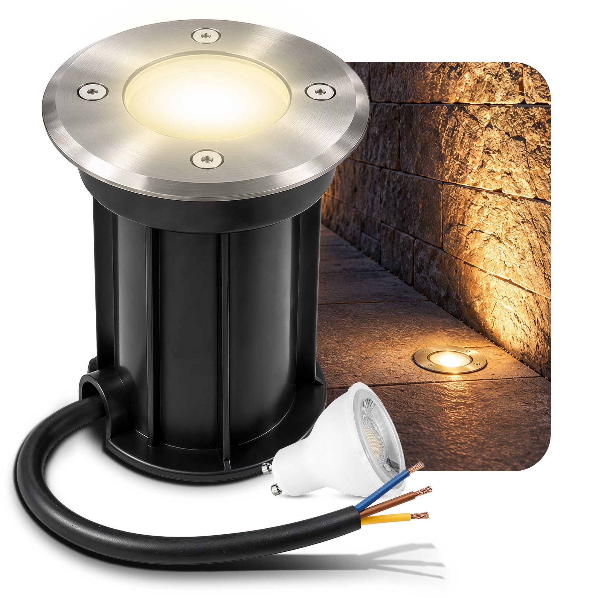 linovum LED Gartenstrahler BORU Gartenlampe Bodenleuchte IP67 mit GU10 LED 2W warmweiß Strahler, Warmweiß