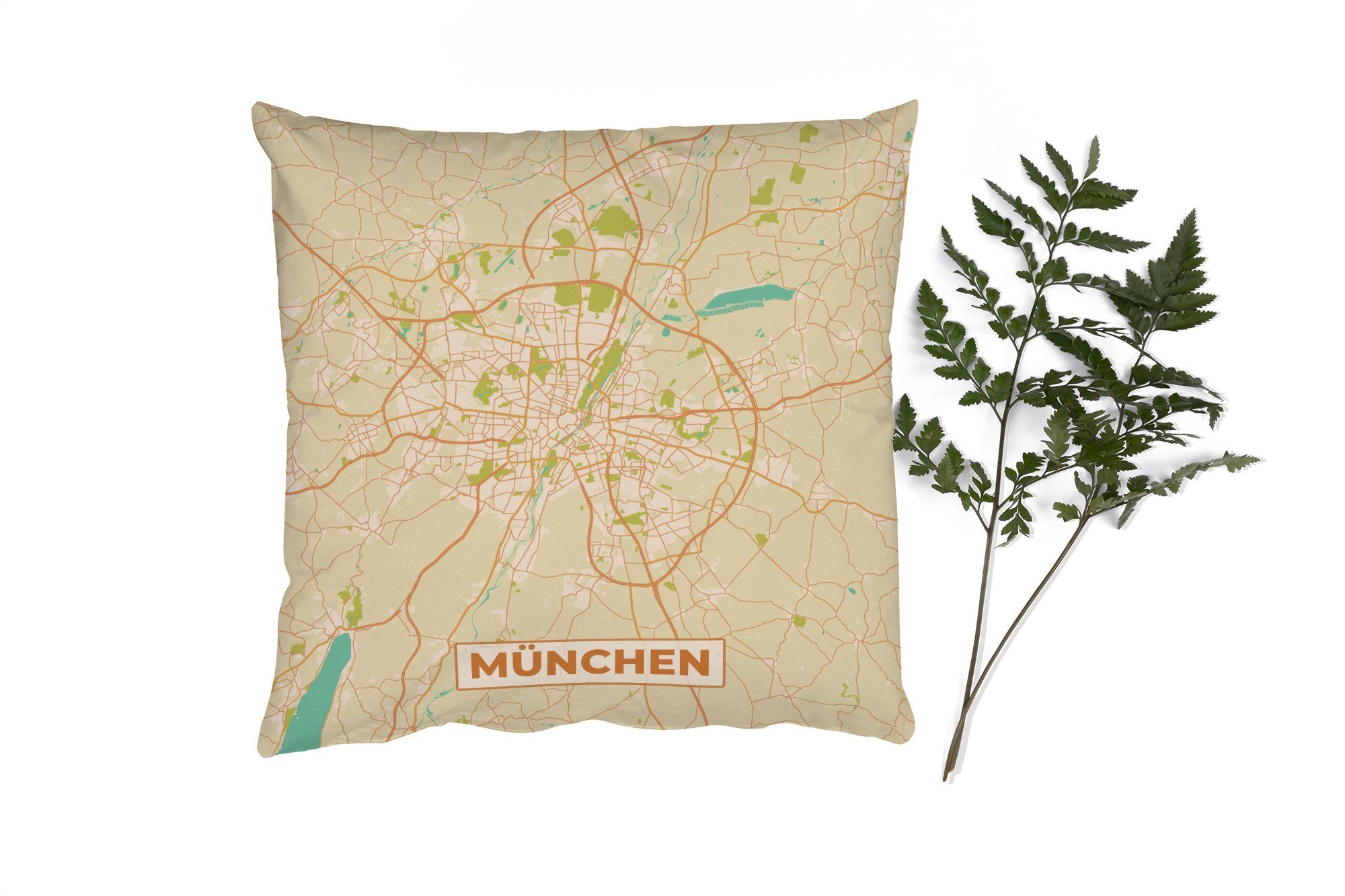 MuchoWow Dekokissen Stadtplan - München - Stadtplan - Vintage, Zierkissen mit Füllung für Wohzimmer, Schlafzimmer, Deko, Sofakissen