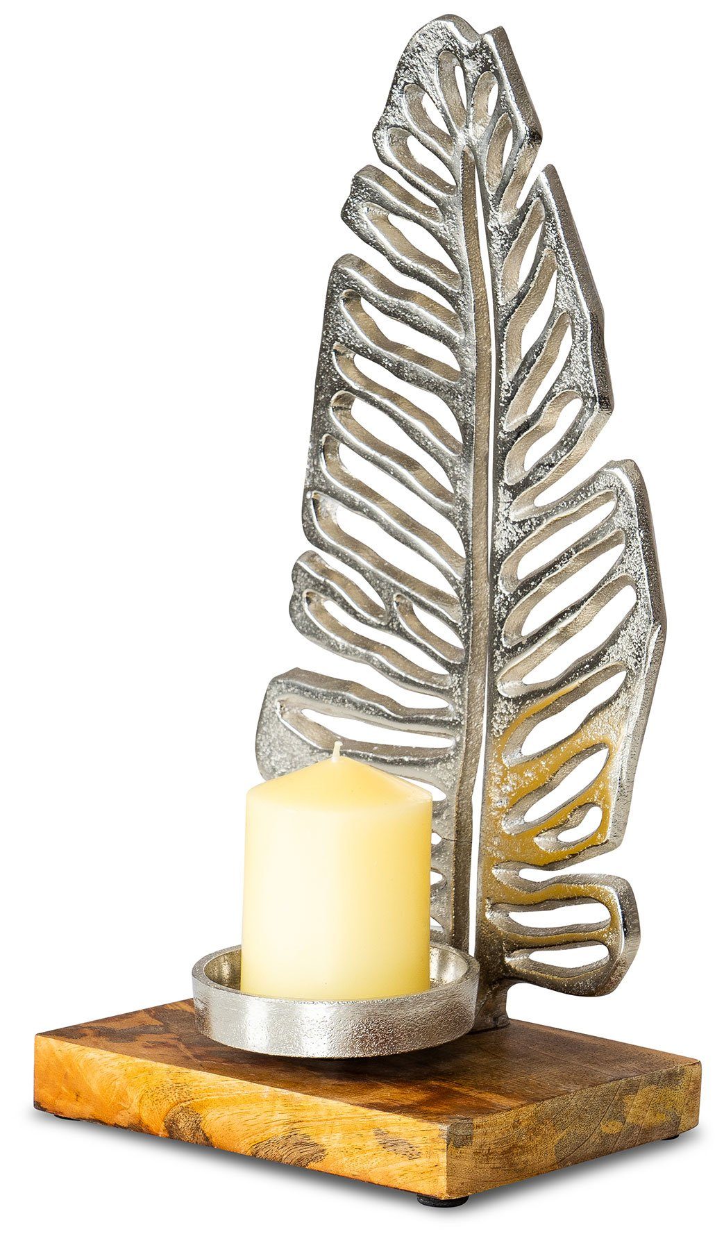 Kerzenständer, Levandeo® Kerzenständer Tischdeko Holz 35cm Kerzenhalter Silber Mango Blatt