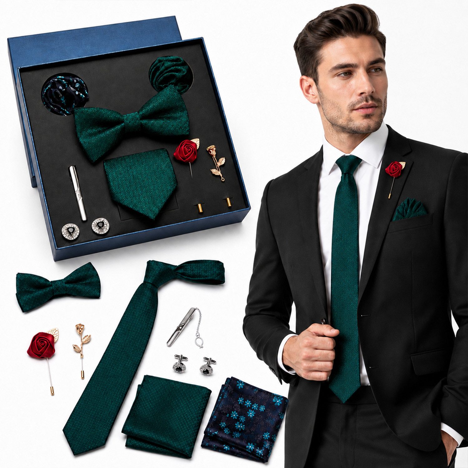 MOPUEA Krawattenhalter Fliege Krawatte Set Herren Einstechtuch Manschettenknöpfe Hochzeit (Fliegen Set mit, Einstecktuch, Manschettenköpfe, Krawattennadel, Boutonniere), Hochwertige Materialien, Vielseitigkeit & Ideales Geschenk