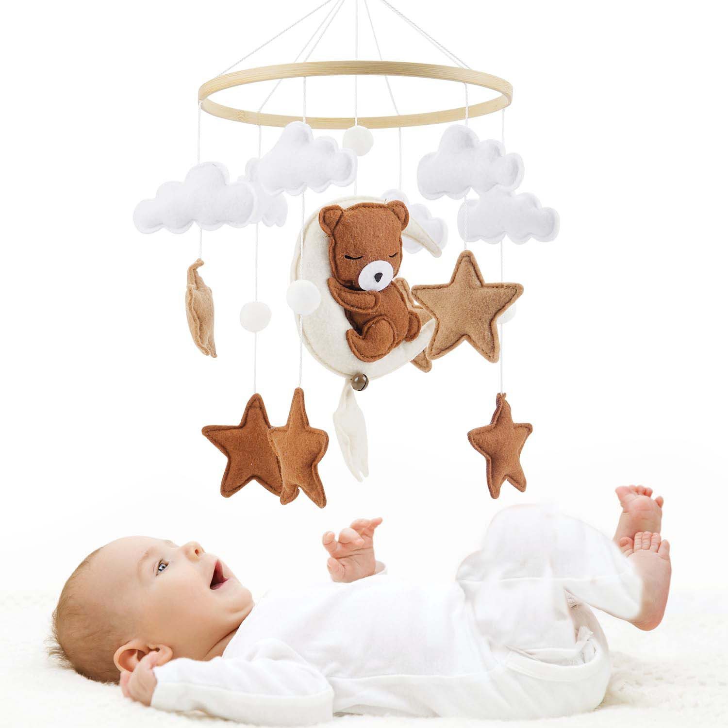 Mobile Baby mit Holzring und süßen Tierchen für Babybett Jungen und Mädchen