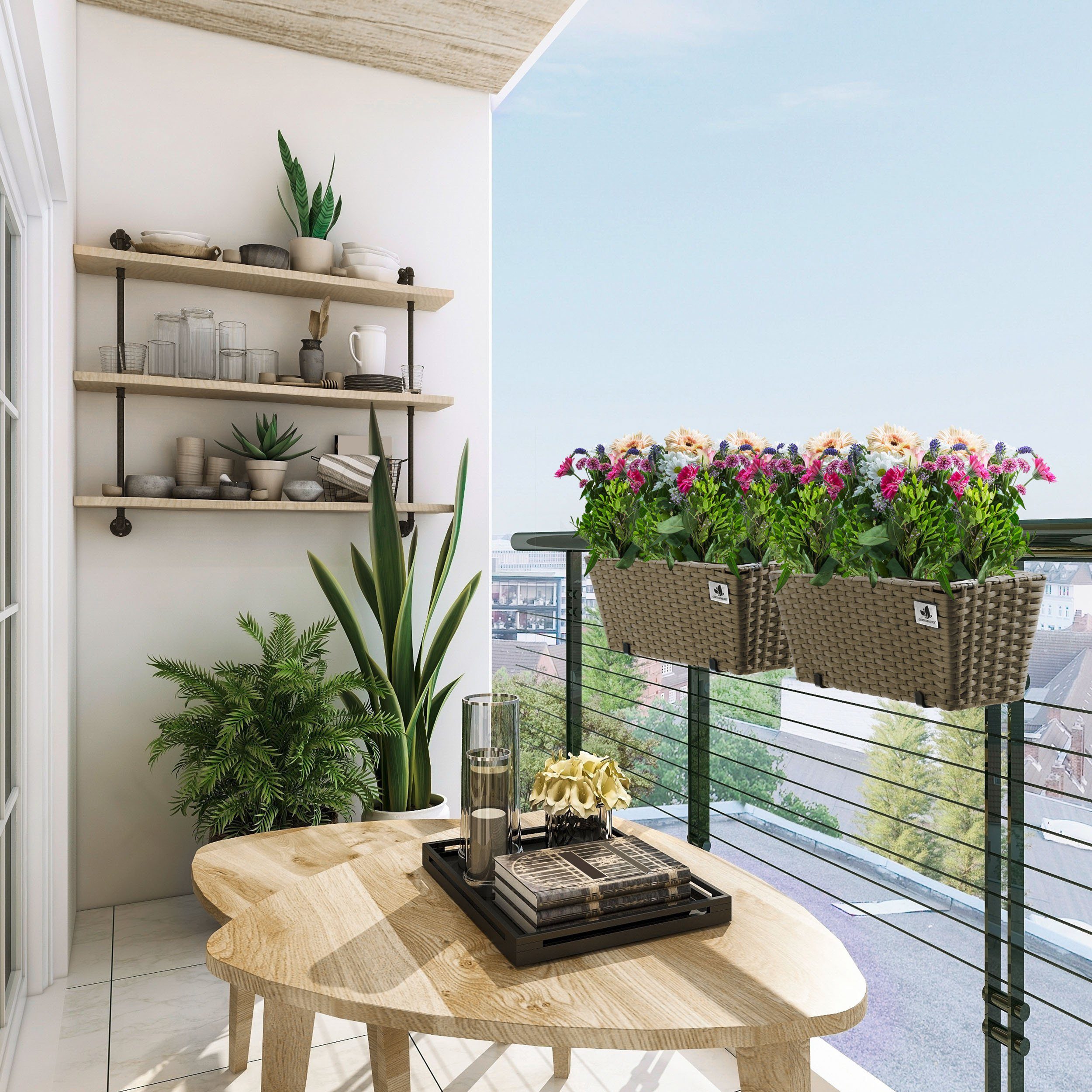 4er-Set Gartenfreude Polyrattan Blumenkasten cappuccino Pflanzgefäß im Balkonkasten