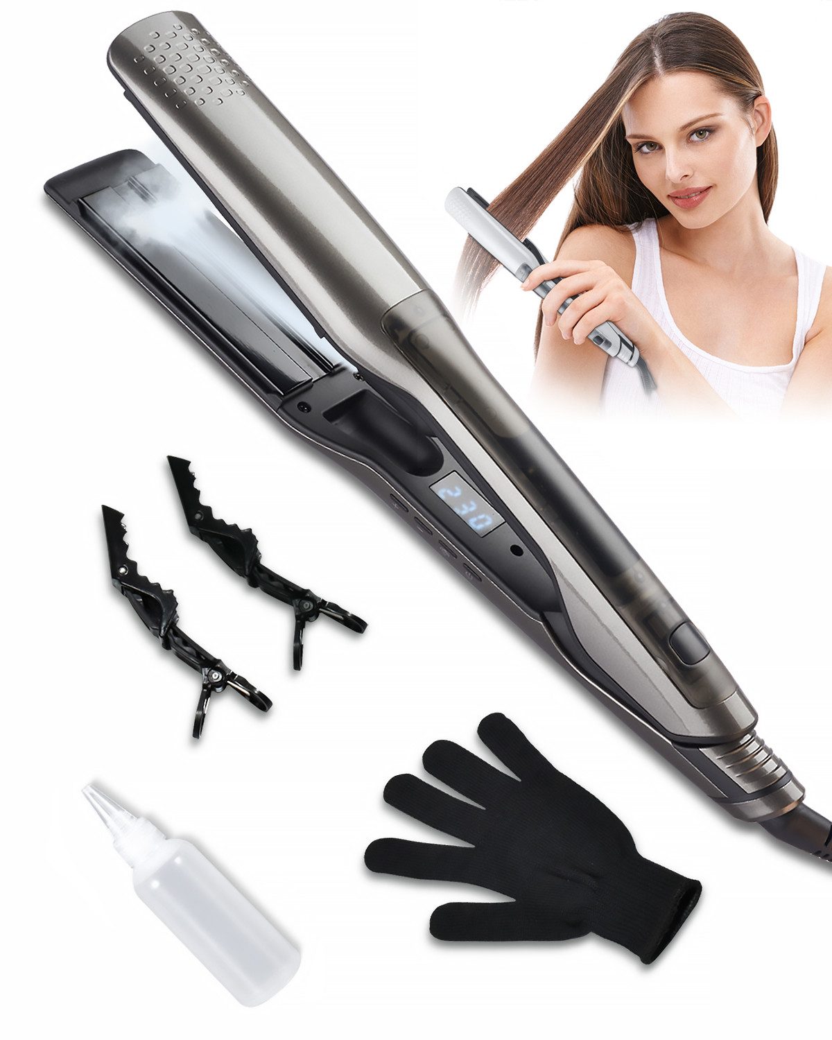 KNKA Glätteisen Lockenstab und Glätteisen Haarglätter 2 in 1 Keramik-Beschichtung, Dampf-Haarglätter, 100℃-230℃ für alle Haartypen Weltweite Spannung