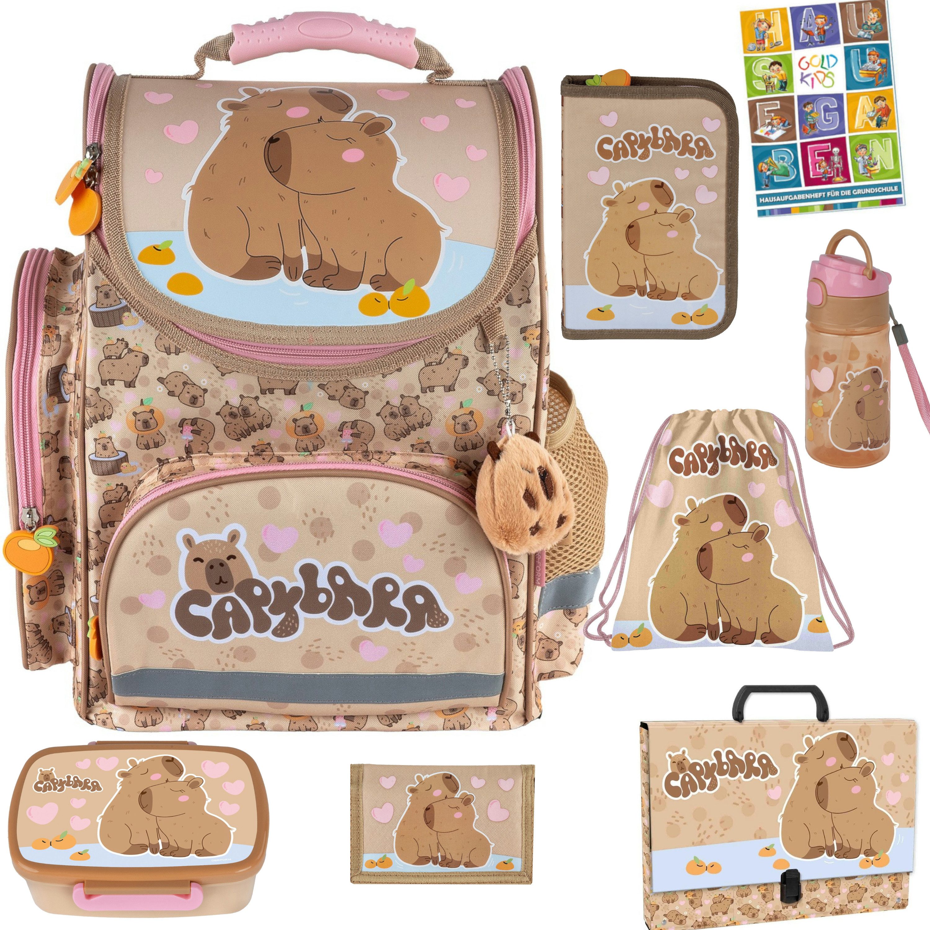 GOLDKIDS Schulranzen für Mädchen, 8er-Set - (Schul-Rucksack für Kinder mit Federmäppchen, 1-tlg., - Schuhbeutel Trinkflasche und Brotdose), - Kapibara Motiv