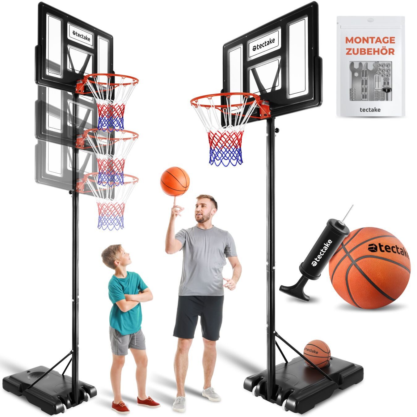 tectake Basketballkorb Basketballanlage Dirk, Korbhöhe 230 - 305 cm, mit Ball & Pumpe (Komplettset, Korbanlage inkl. Basketball und Ballpumpe), Basketballanlage mit höhenverstellbaren Korb