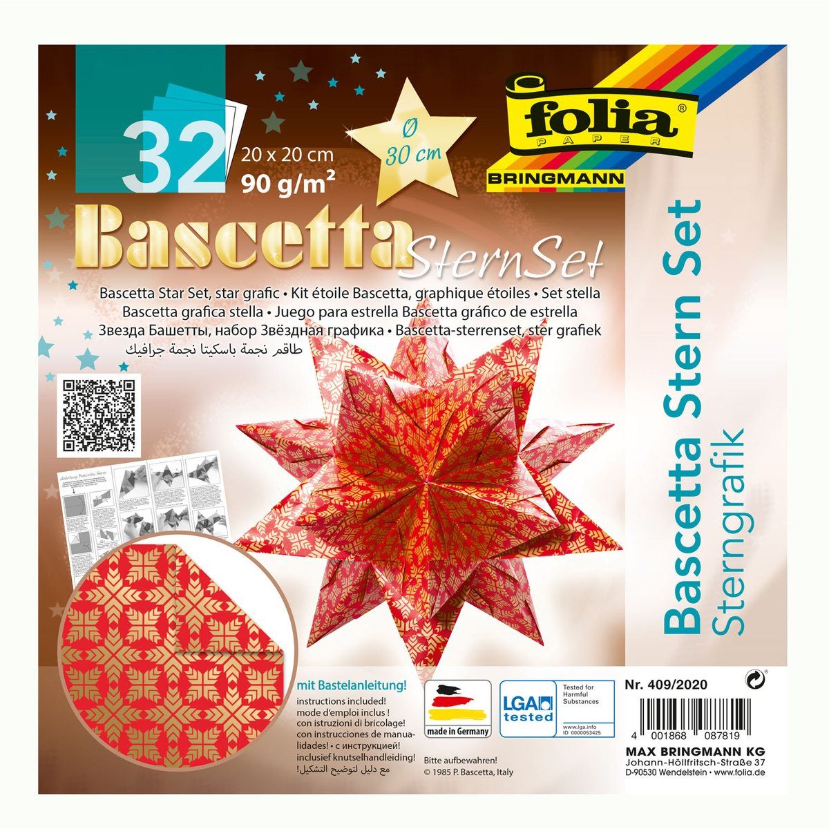 Folia Max Bringmann KG Bilderrahmen zum Basteln folia Bastelset Bascetta Stern Sterngrafik Ø30cm 90g/m² rot/gold 20x20