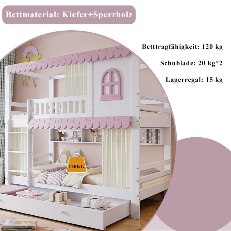 Flieks Etagenbett, Kinderbett 90x200cm mit Vorhänge, offenen Regal und 2 Sc günstig online kaufen