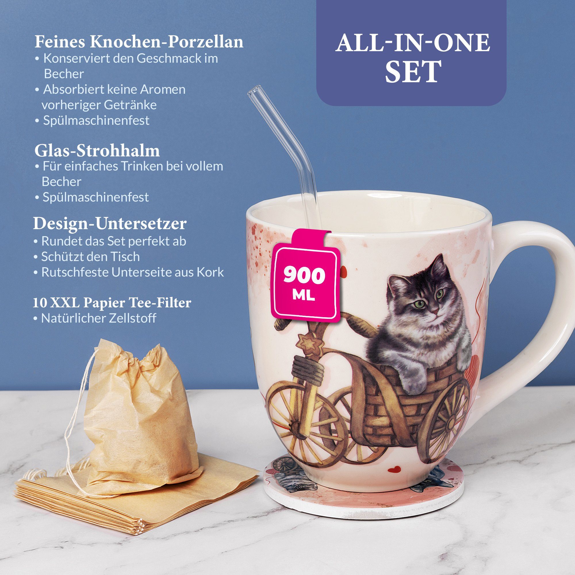 900ml 4-teiliges mit hochwertiges Katzen Große Motiv Yang Jumbotasse Teetasse, XXL Fassungsvermögen, Teeset Porzellan, Chai Tasse mit
